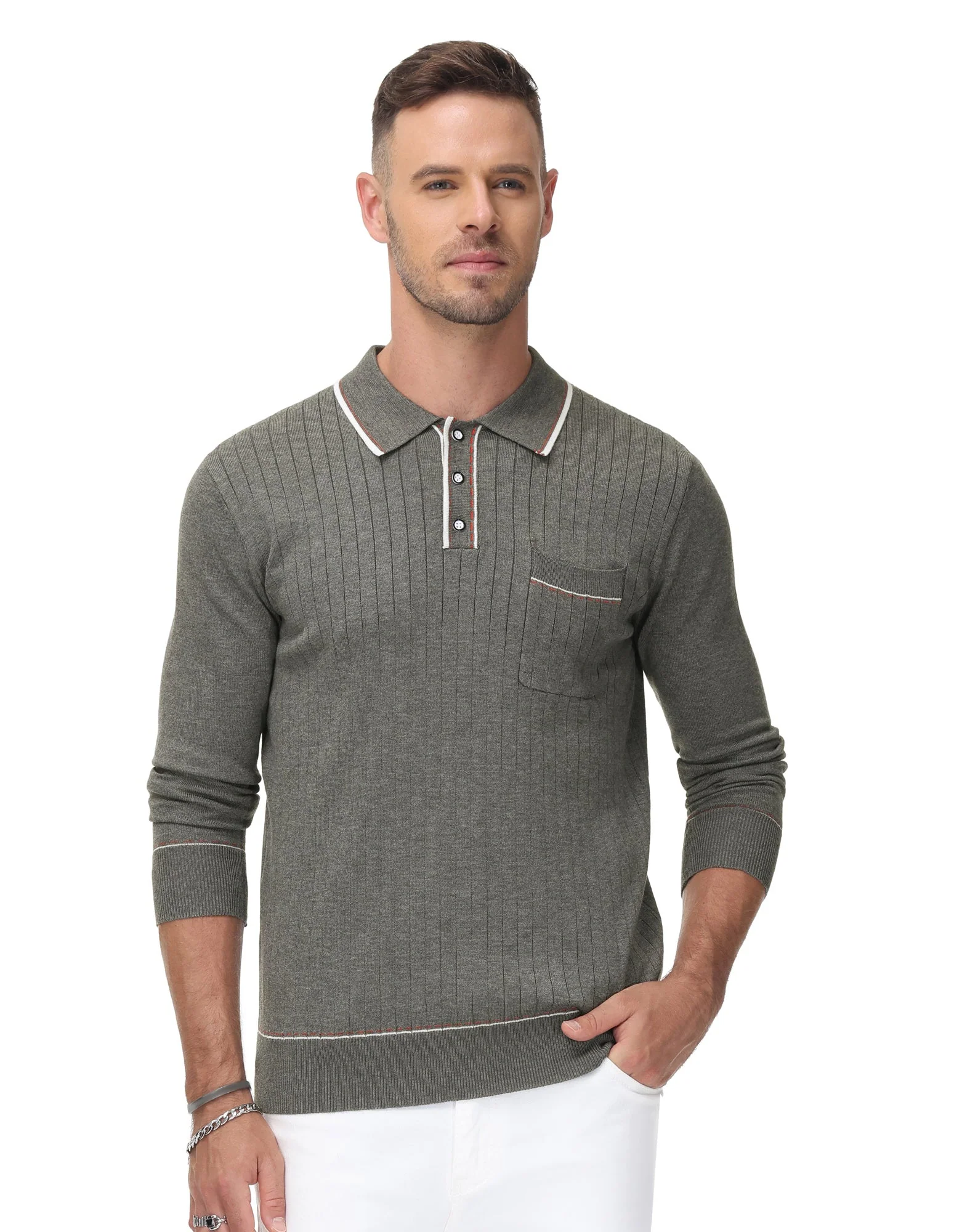 Men Ribbed Sweater Long Sleeve Lapel Collar Button-up Neck Pullover Knitwear Shirts - Image 12