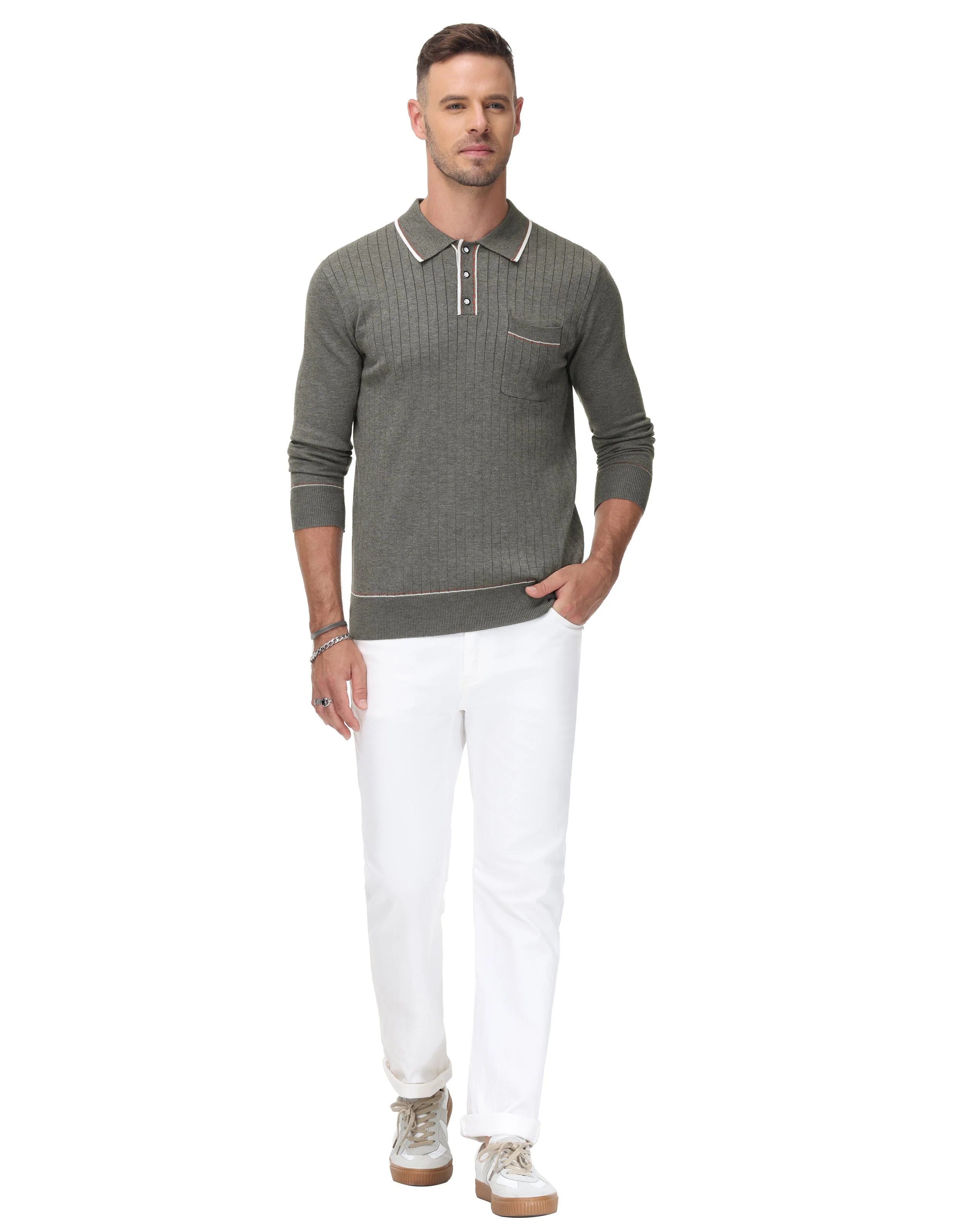 Men Ribbed Sweater Long Sleeve Lapel Collar Button-up Neck Pullover Knitwear Shirts - Image 13
