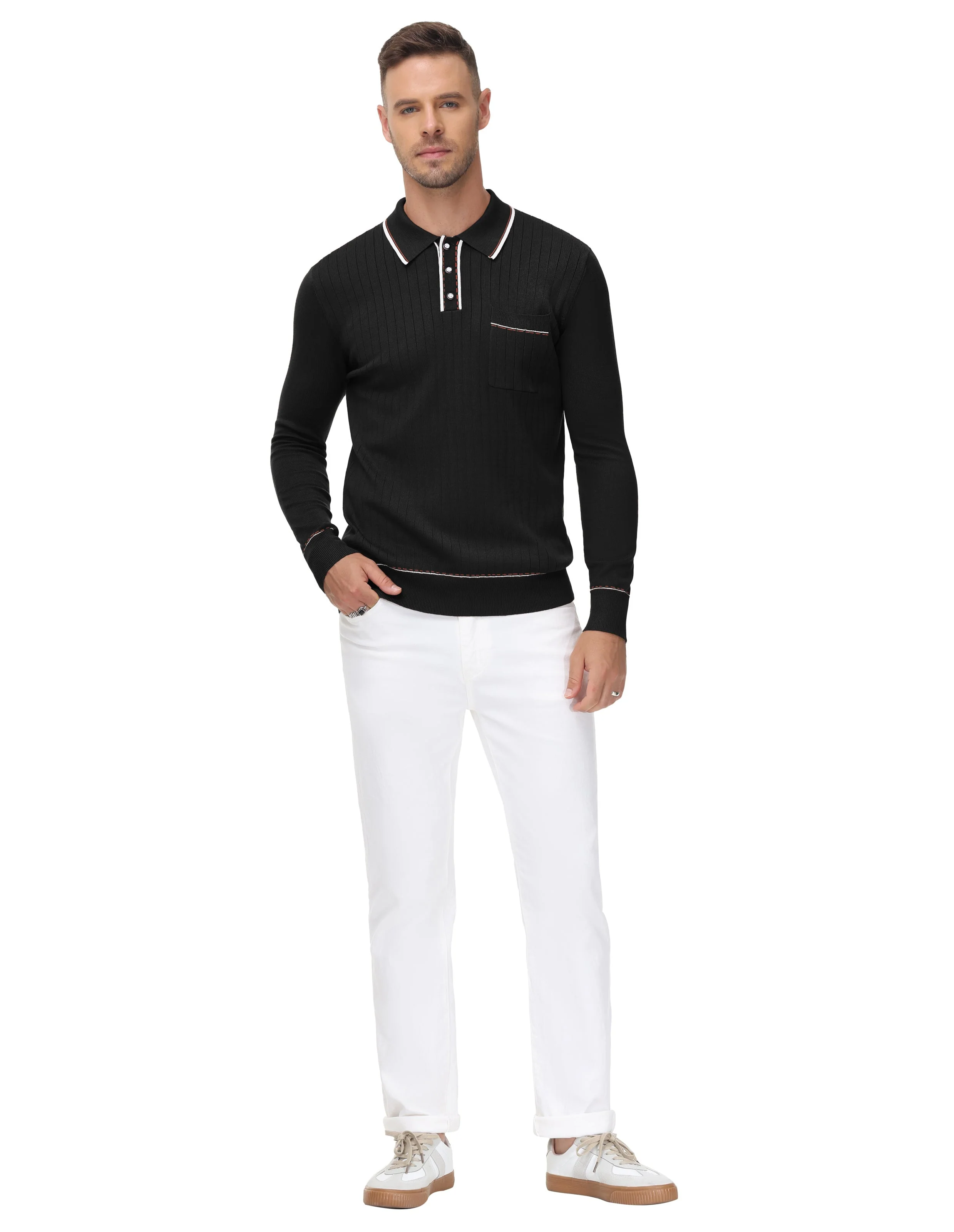 Men Ribbed Sweater Long Sleeve Lapel Collar Button-up Neck Pullover Knitwear Shirts - Image 16