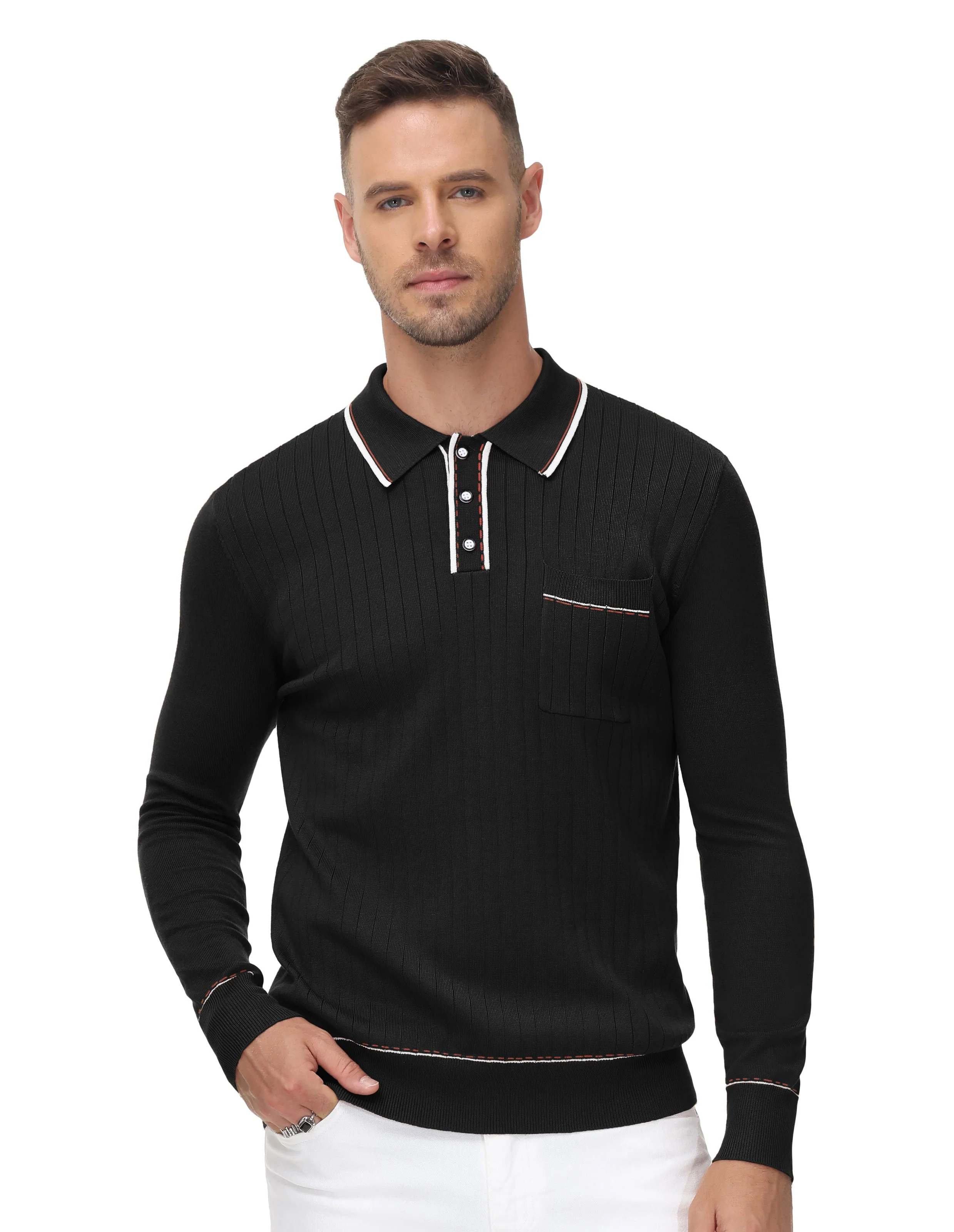 Men Ribbed Sweater Long Sleeve Lapel Collar Button-up Neck Pullover Knitwear Shirts - Image 17