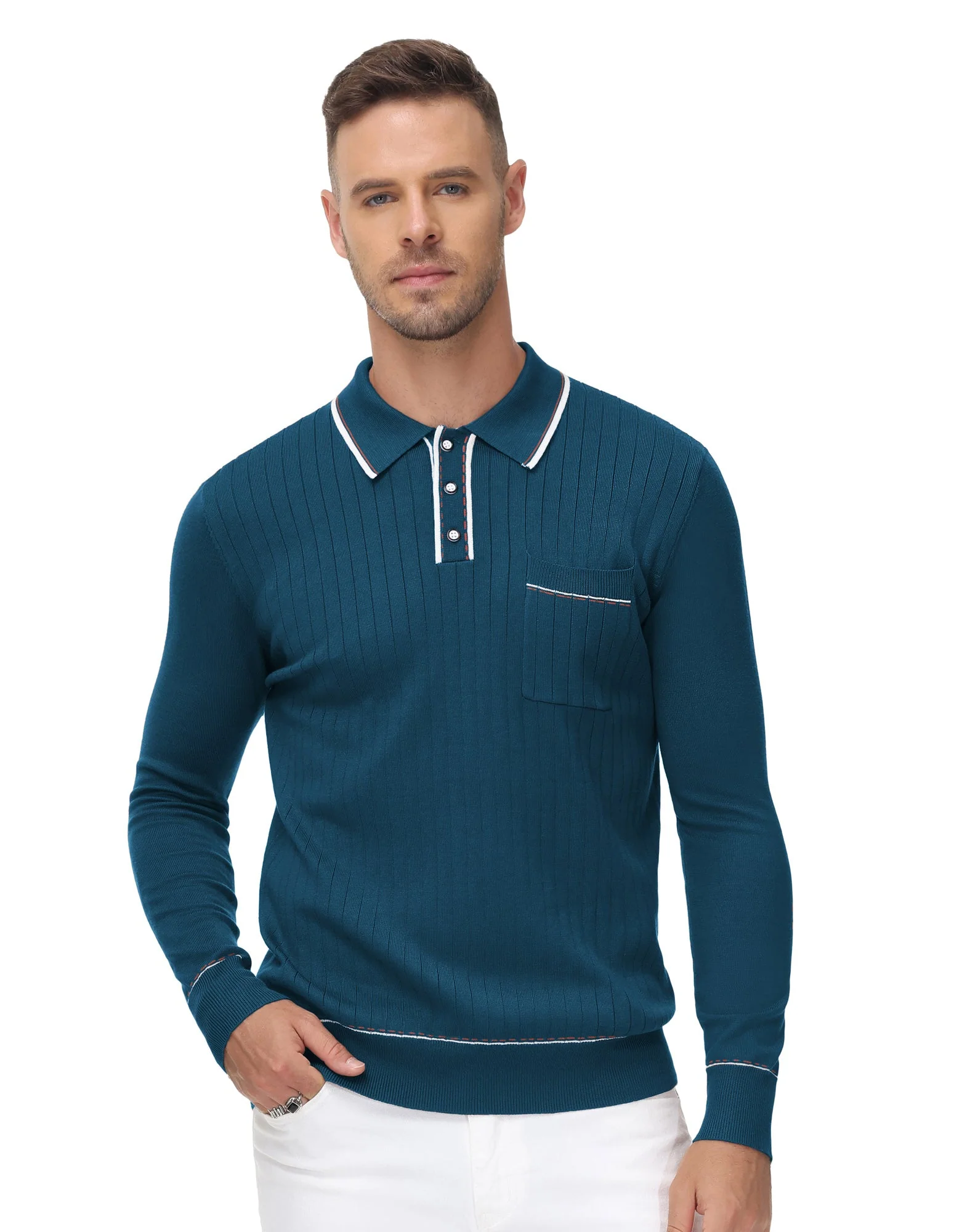 Men Ribbed Sweater Long Sleeve Lapel Collar Button-up Neck Pullover Knitwear Shirts - Image 26