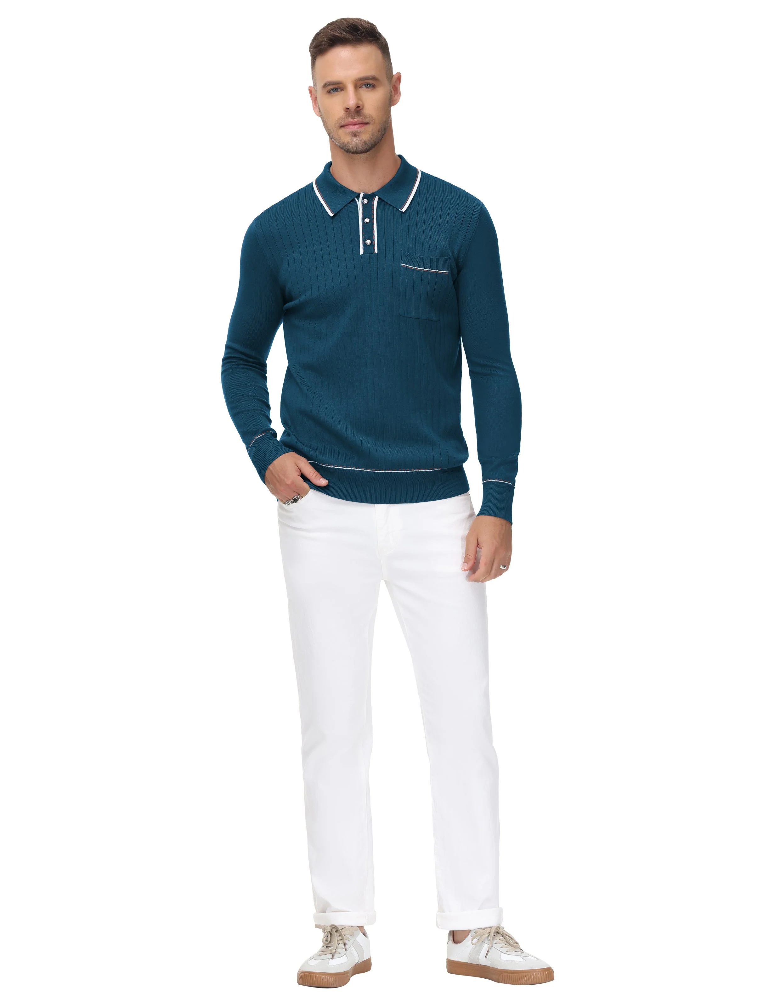 Men Ribbed Sweater Long Sleeve Lapel Collar Button-up Neck Pullover Knitwear Shirts - Image 27