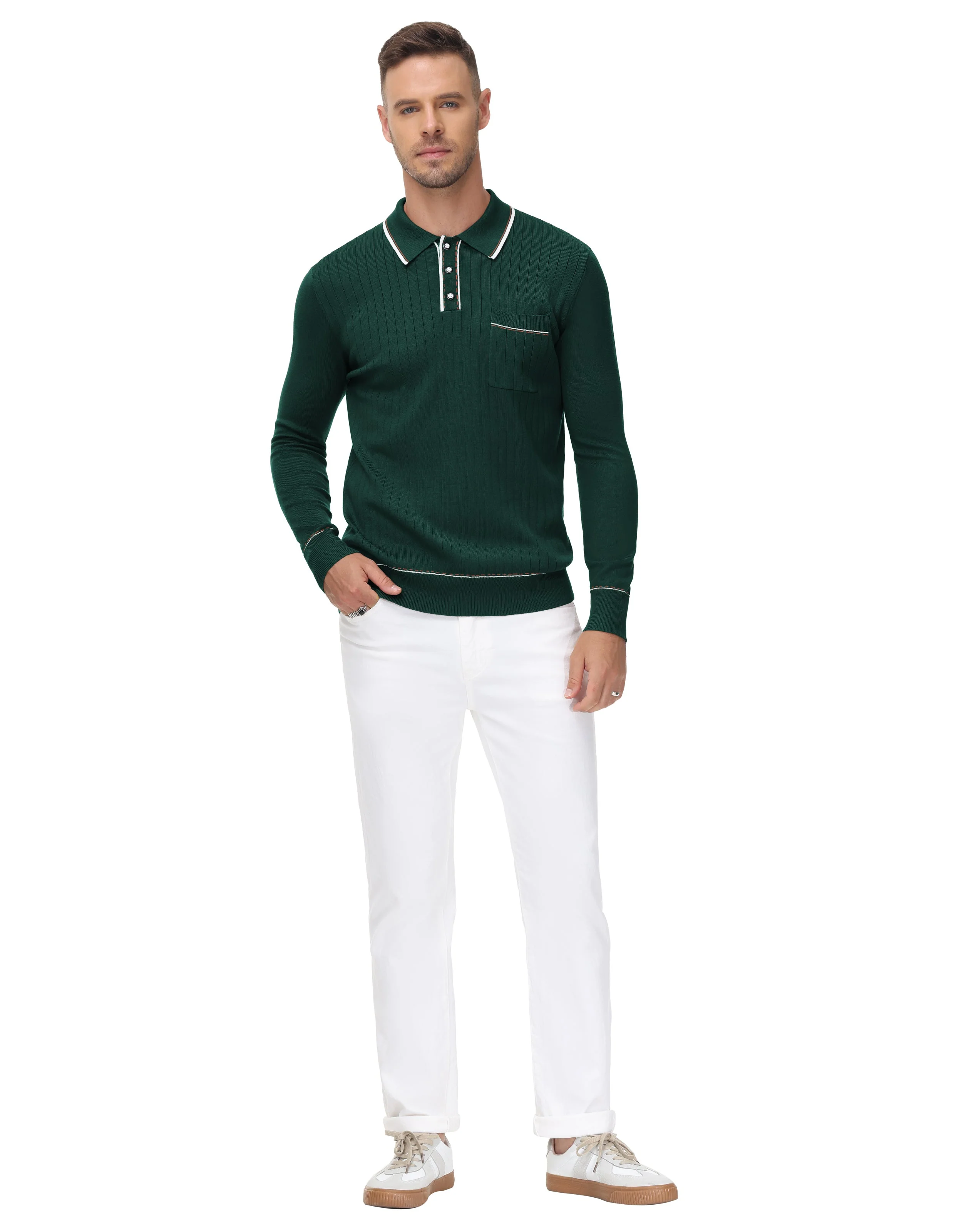 Men Ribbed Sweater Long Sleeve Lapel Collar Button-up Neck Pullover Knitwear Shirts - Image 3