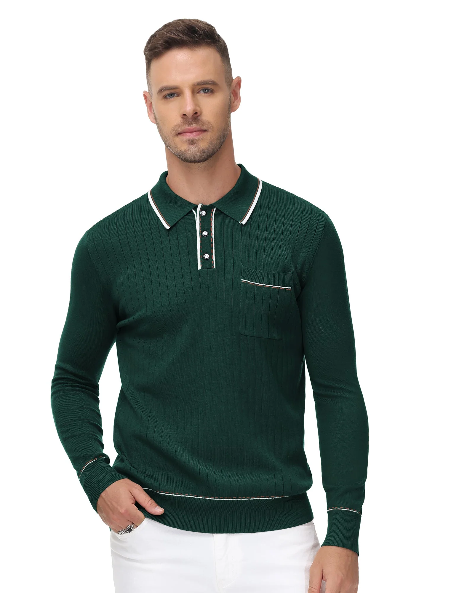 Men Ribbed Sweater Long Sleeve Lapel Collar Button-up Neck Pullover Knitwear Shirts - Image 4