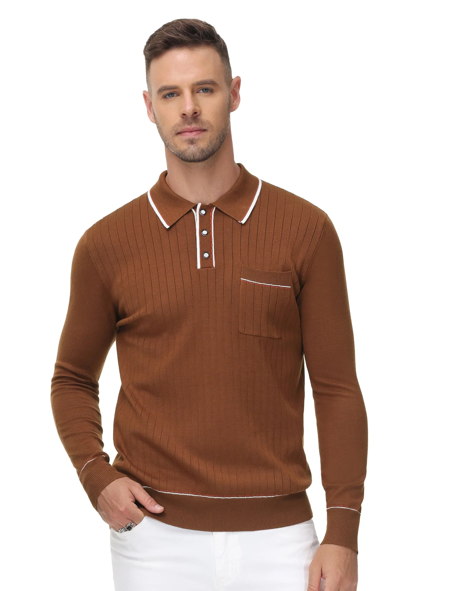 Men Ribbed Sweater Long Sleeve Lapel Collar Button-up Neck Pullover Knitwear Shirts - Image 8