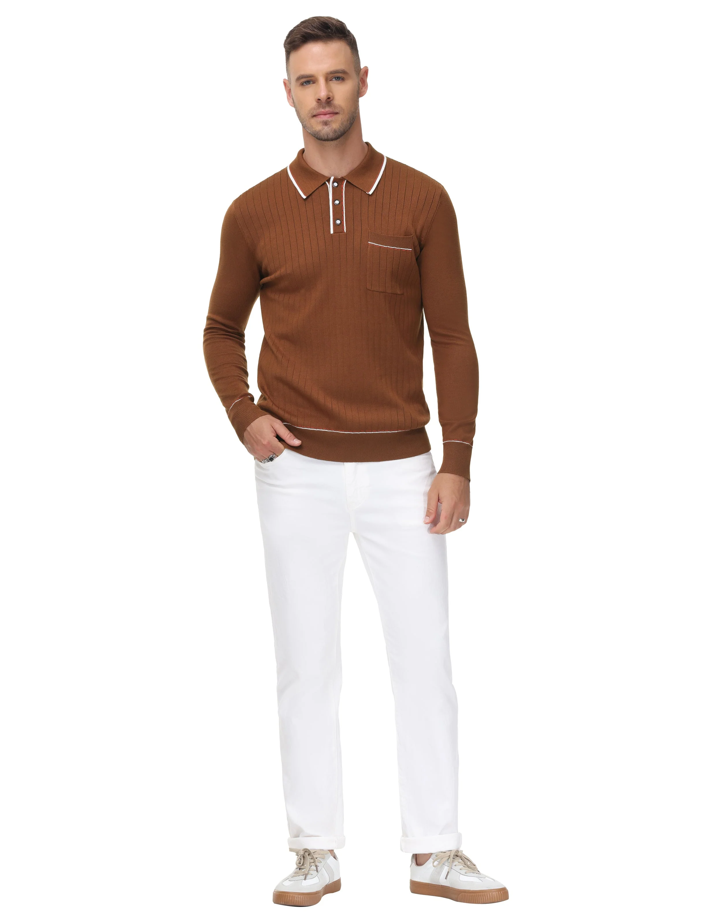 Men Ribbed Sweater Long Sleeve Lapel Collar Button-up Neck Pullover Knitwear Shirts - Image 9