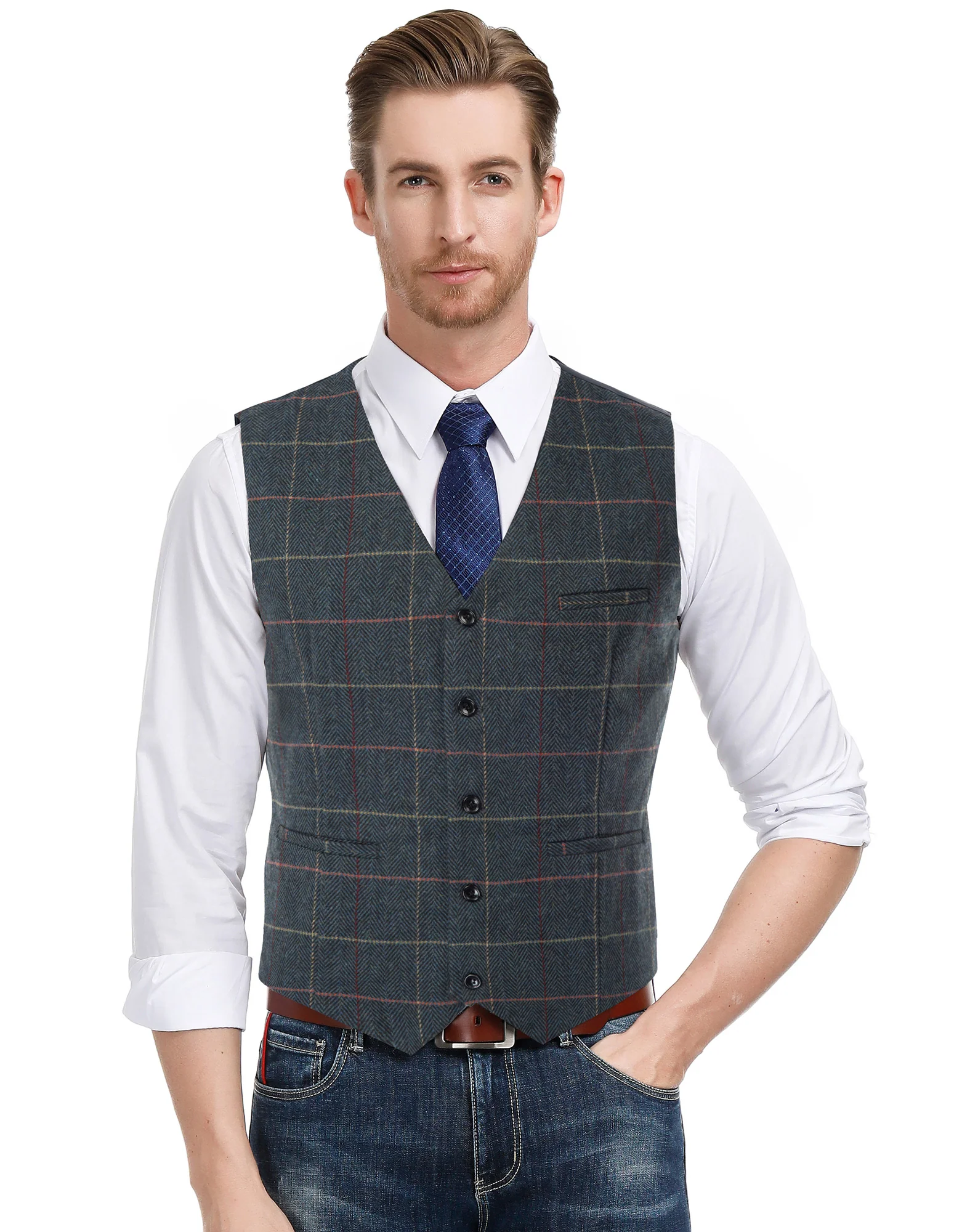 Men’s Slim Fit V-Neck Single Breasted Handkerchief Hem Waistcoat Vest Coat - Image 38