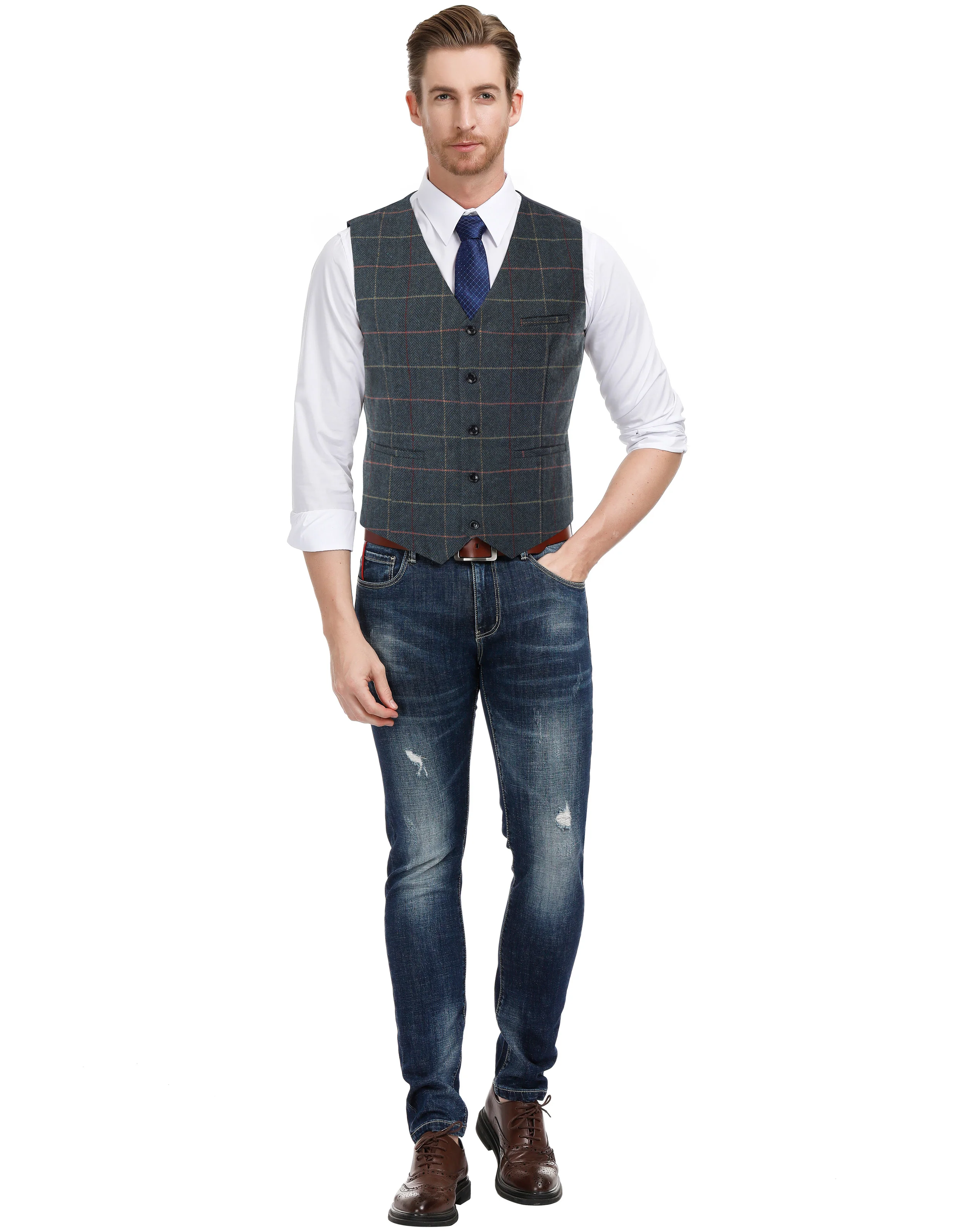 Men’s Slim Fit V-Neck Single Breasted Handkerchief Hem Waistcoat Vest Coat - Image 39