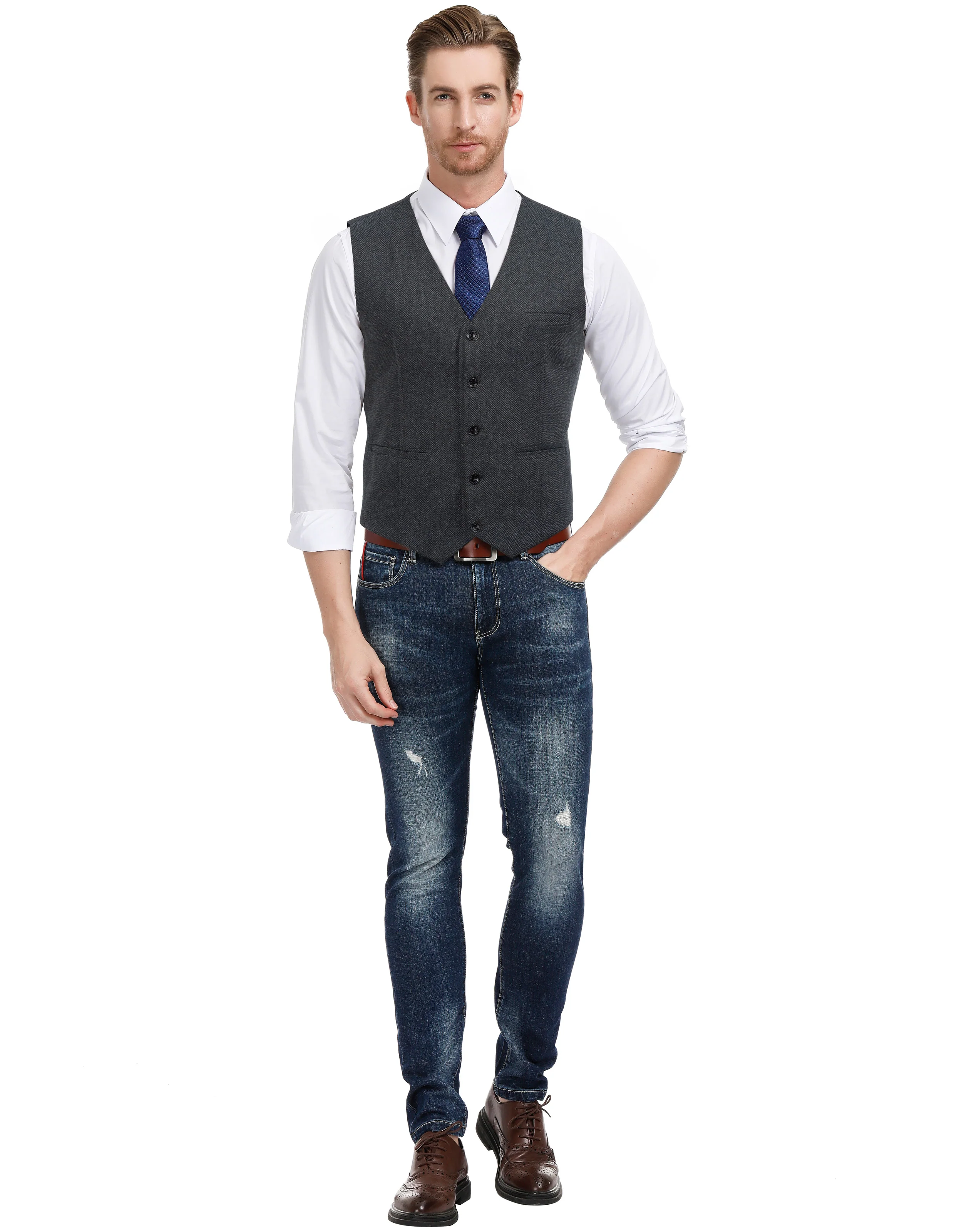 Men’s Slim Fit V-Neck Single Breasted Handkerchief Hem Waistcoat Vest Coat - Image 46