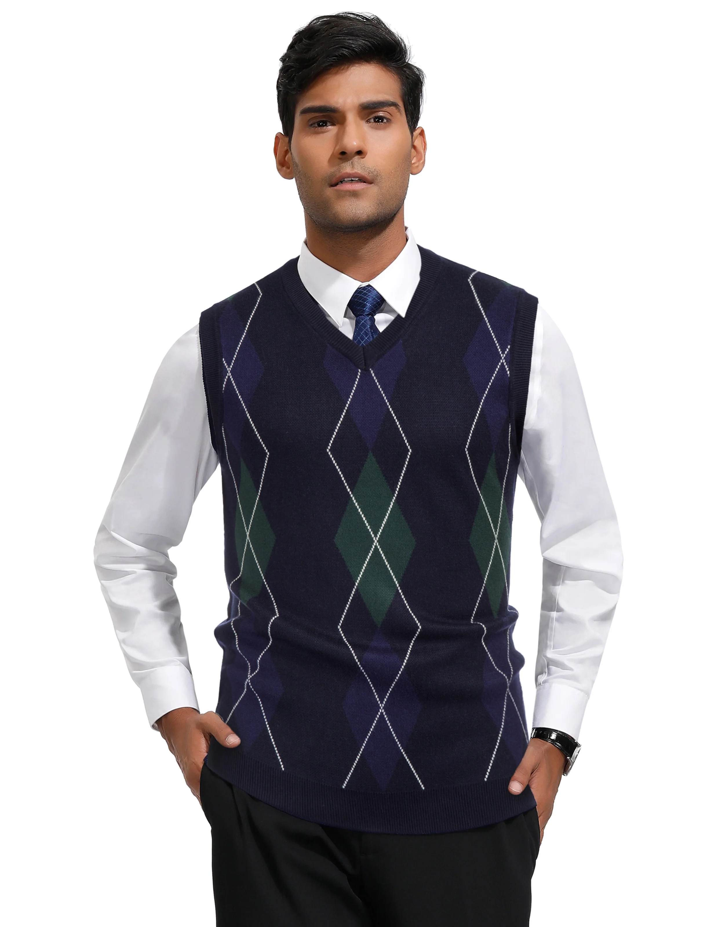 Men's Soft Argyle Sweater Vest Slim Fit V-Neck Knitted Pullover Vest - Image 18