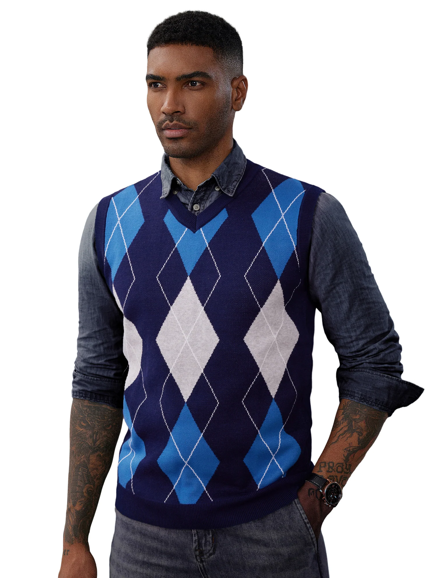 Men's Soft Argyle Sweater Vest Slim Fit V-Neck Knitted Pullover Vest - Image 5