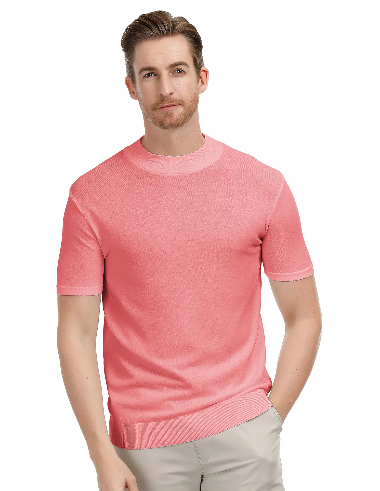 Mens Mock Turtleneck Knit Pullover Sweater Short Sleeve Solid Knitwear Sweaters - Image 22