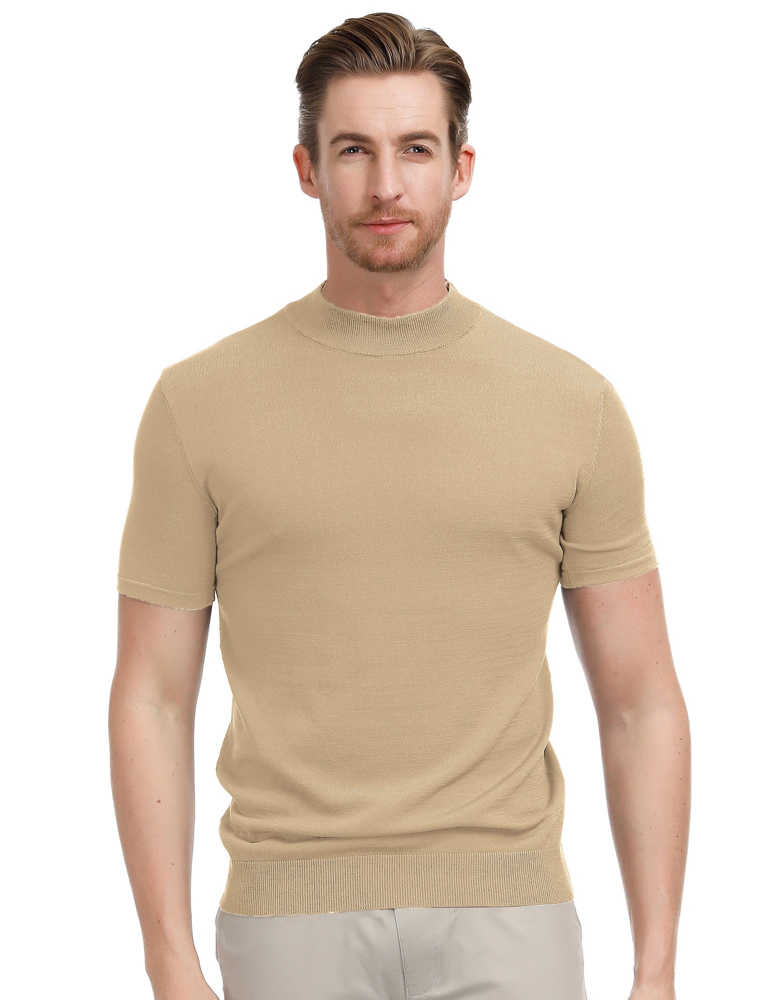 Mens Mock Turtleneck Knit Pullover Sweater Short Sleeve Solid Knitwear Sweaters - Image 29