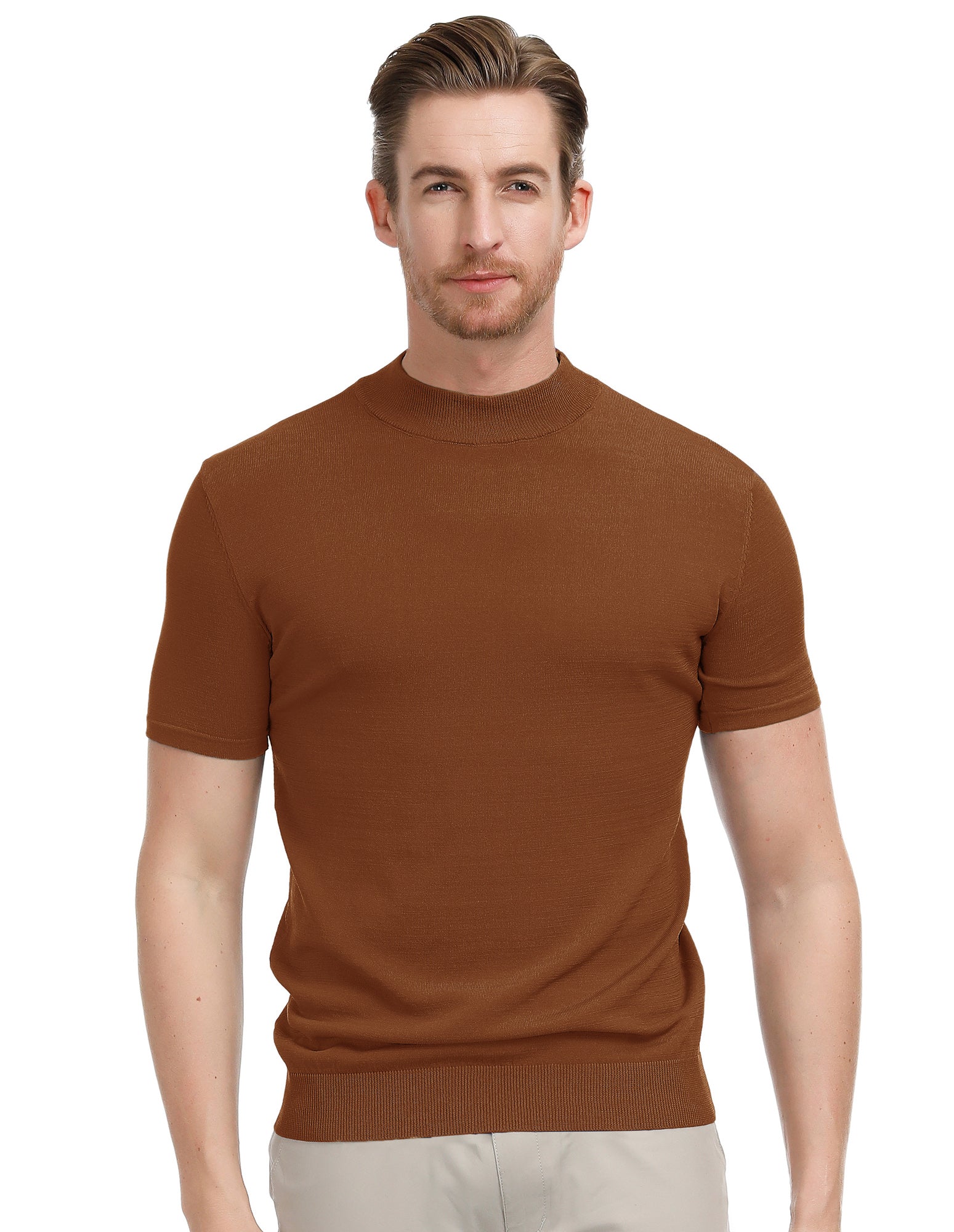 Mens Mock Turtleneck Knit Pullover Sweater Short Sleeve Solid Knitwear Sweaters - Image 33