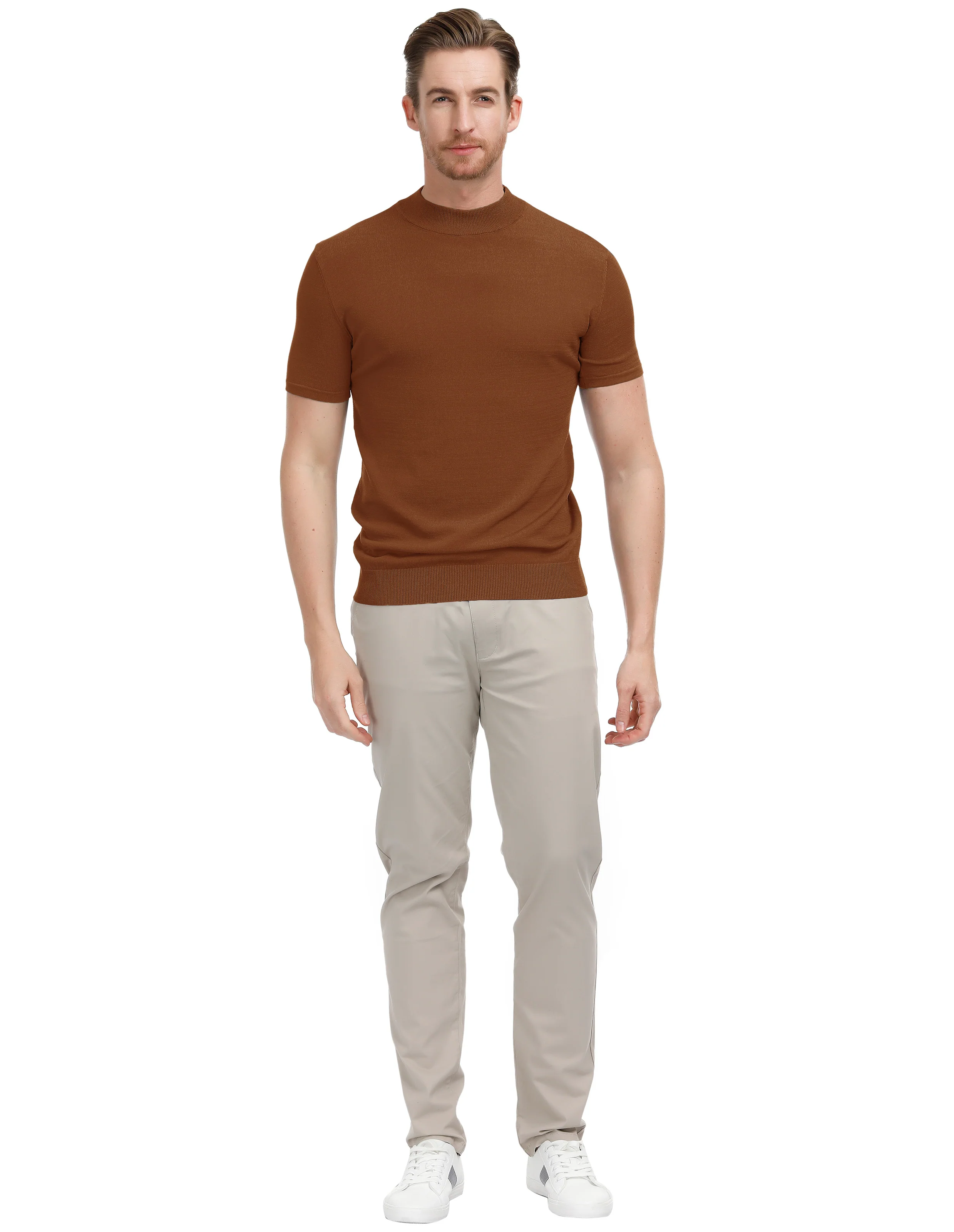 Mens Mock Turtleneck Knit Pullover Sweater Short Sleeve Solid Knitwear Sweaters - Image 34