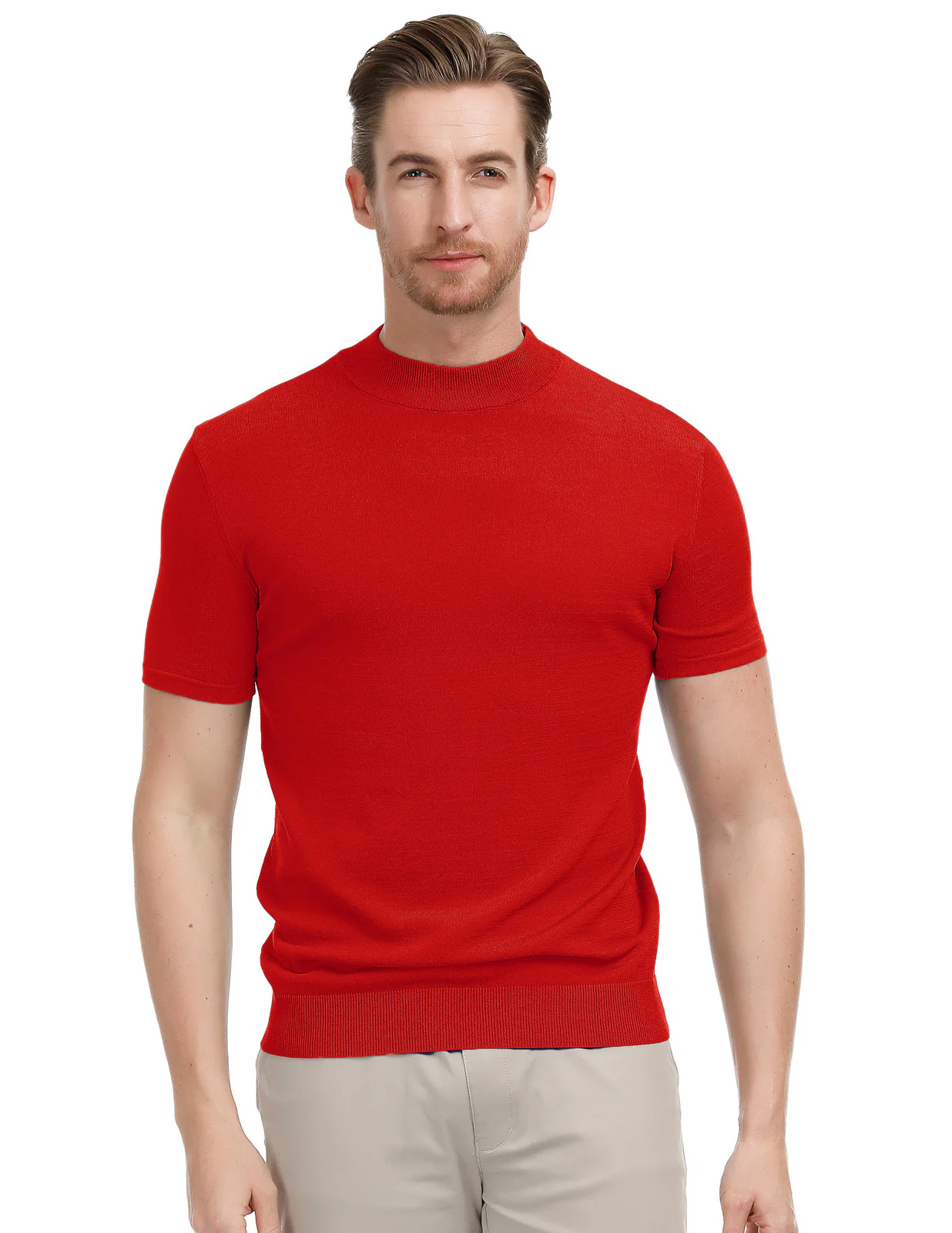 Mens Mock Turtleneck Knit Pullover Sweater Short Sleeve Solid Knitwear Sweaters - Image 44