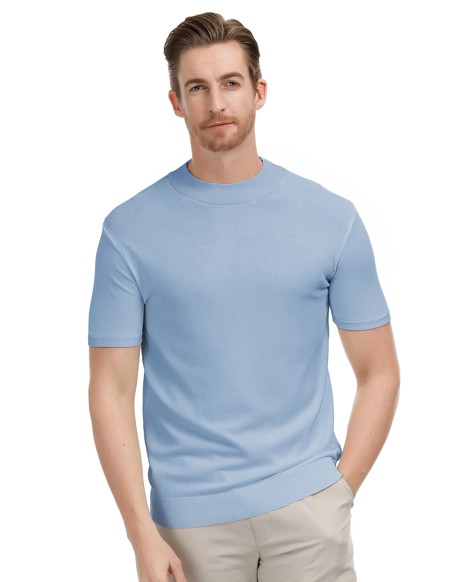 Mens Mock Turtleneck Knit Pullover Sweater Short Sleeve Solid Knitwear Sweaters - Image 47