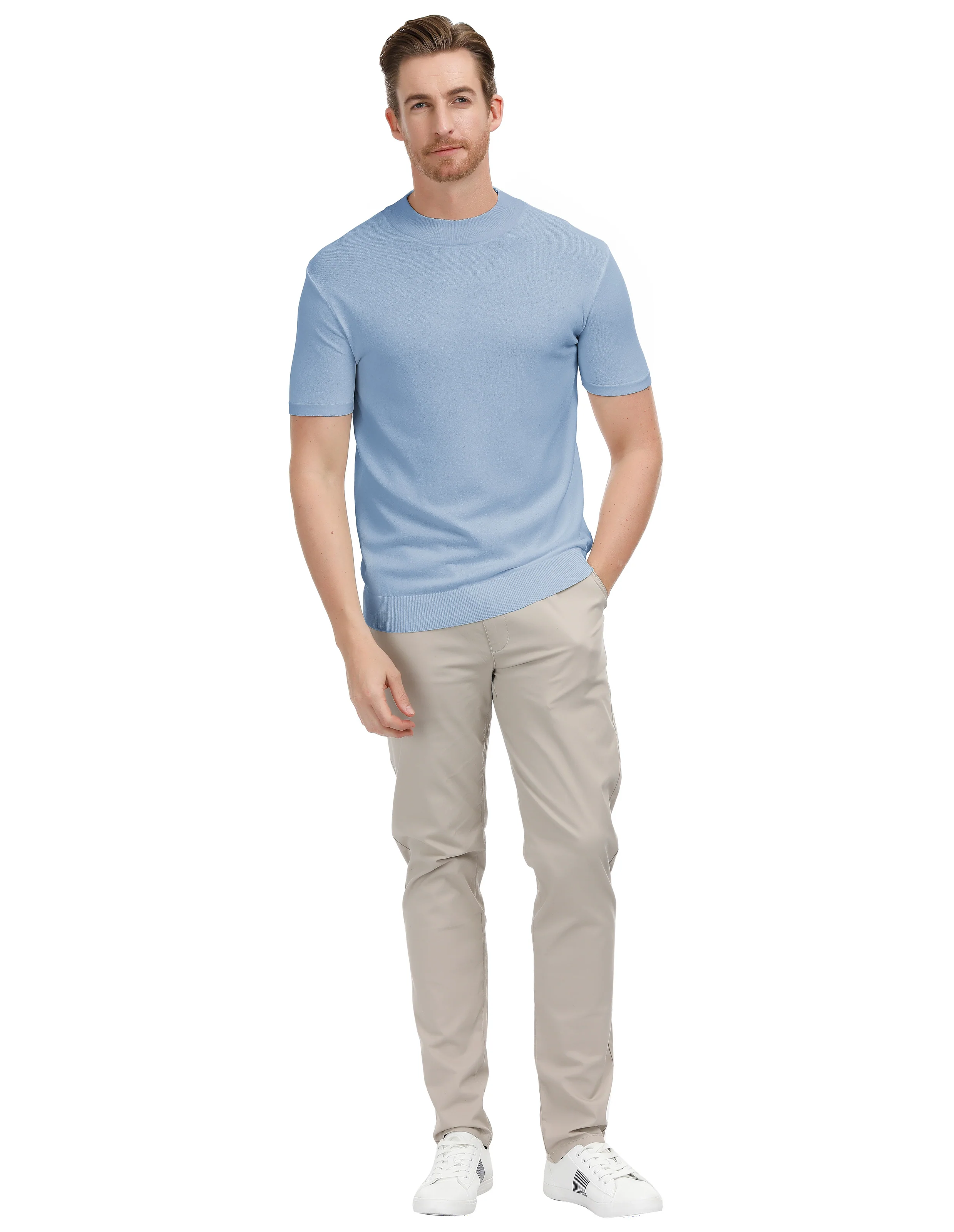 Mens Mock Turtleneck Knit Pullover Sweater Short Sleeve Solid Knitwear Sweaters - Image 48