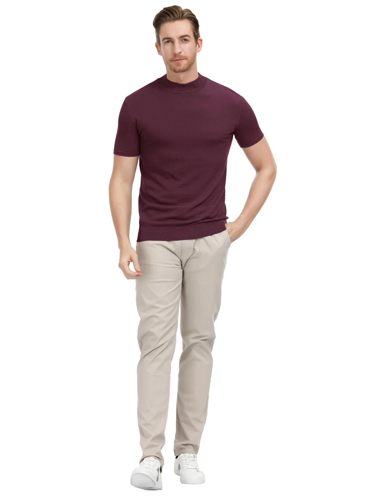 Mens Mock Turtleneck Knit Pullover Sweater Short Sleeve Solid Knitwear Sweaters - Image 5