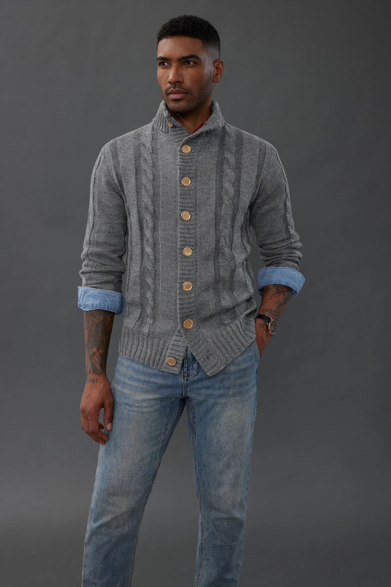 Men's Cardigan with Button Closure, Cable Knit Cardigan with Ribbed Stand-Up Collar for Autumn Winter - Image 10