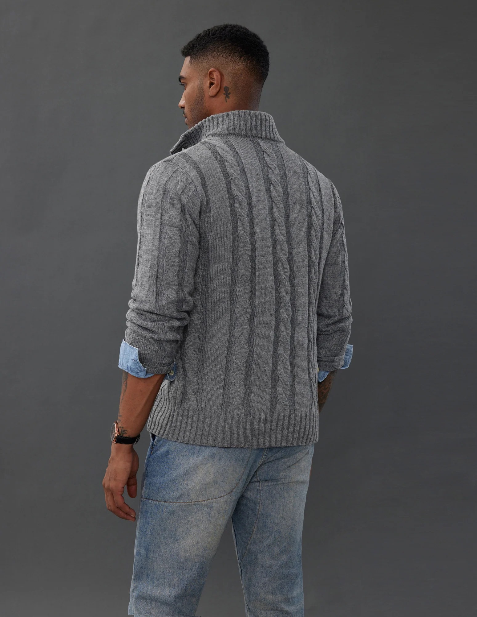 Men's Cardigan with Button Closure, Cable Knit Cardigan with Ribbed Stand-Up Collar for Autumn Winter - Image 11