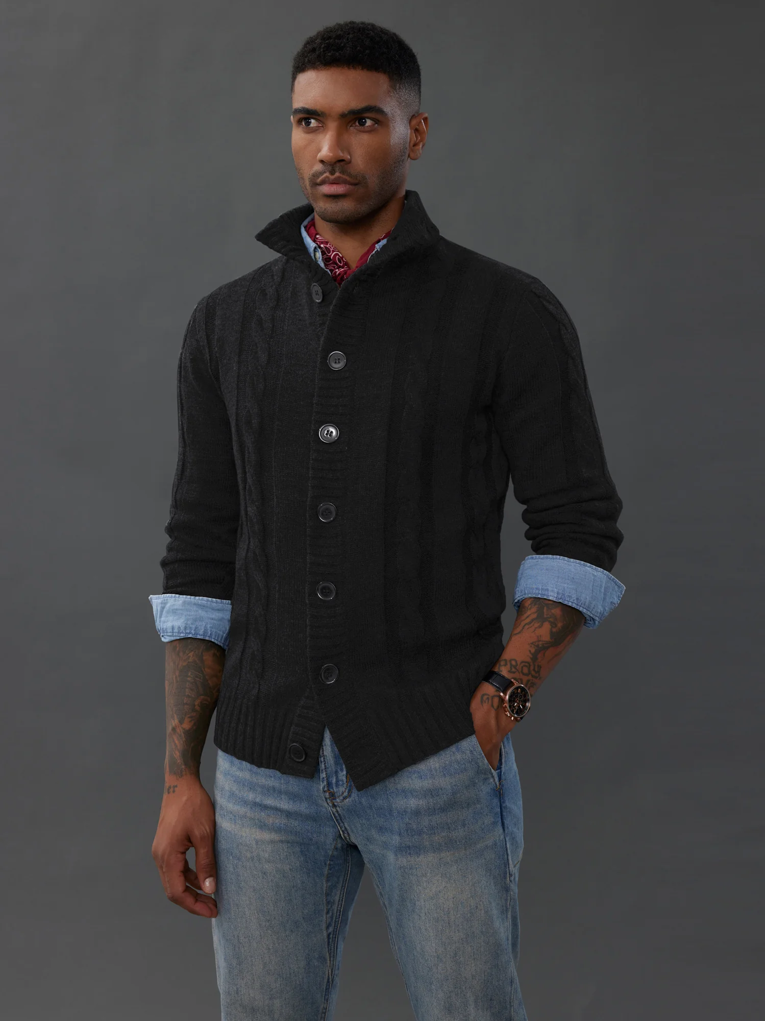 Men's Cardigan with Button Closure, Cable Knit Cardigan with Ribbed Stand-Up Collar for Autumn Winter - Image 14