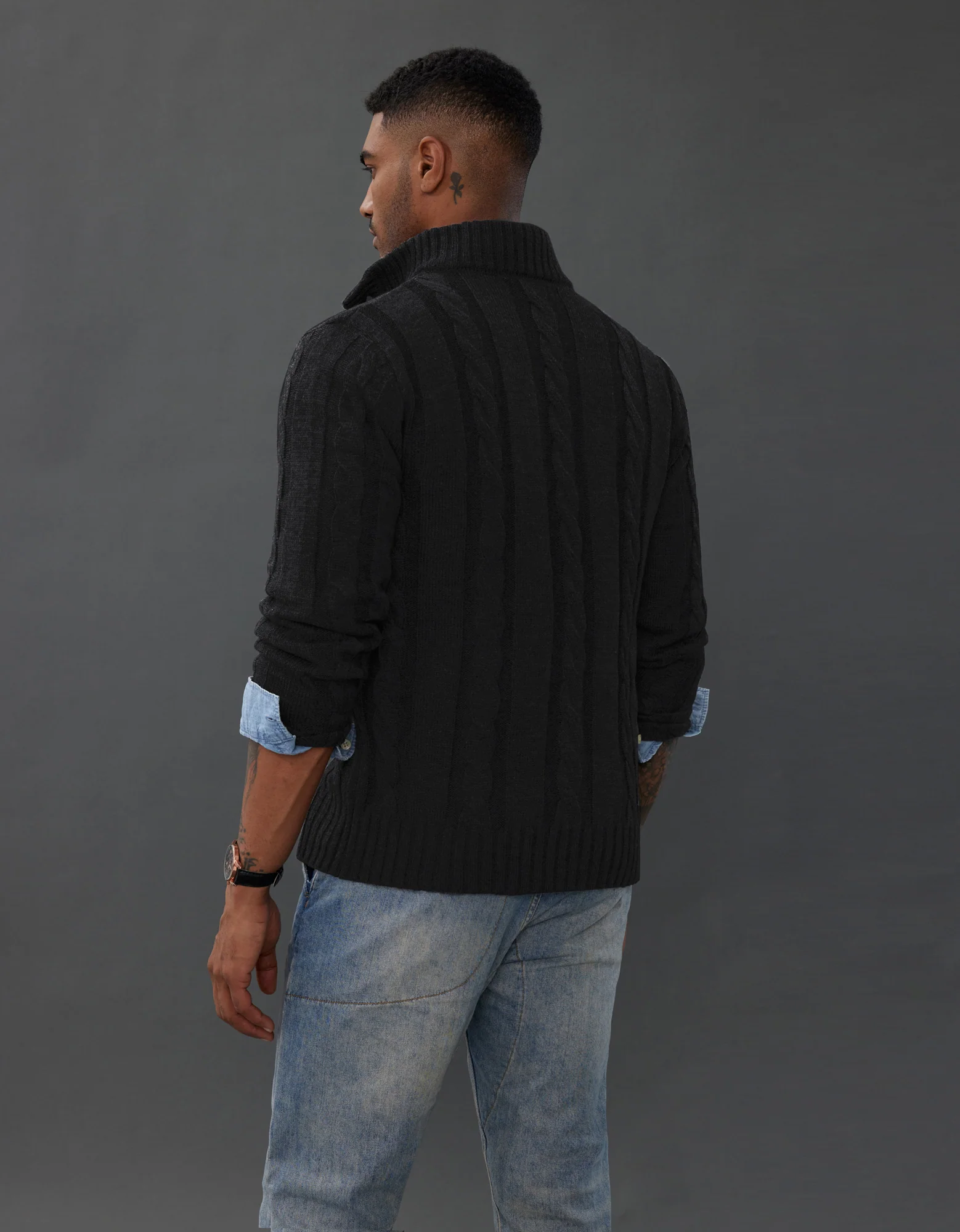 Men's Cardigan with Button Closure, Cable Knit Cardigan with Ribbed Stand-Up Collar for Autumn Winter - Image 15