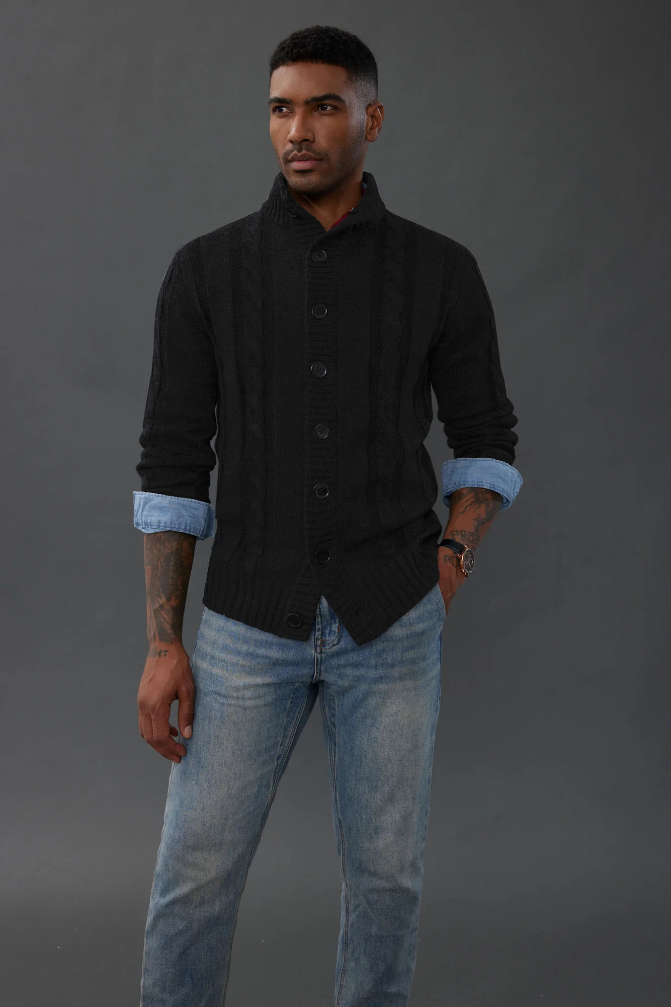 Men's Cardigan with Button Closure, Cable Knit Cardigan with Ribbed Stand-Up Collar for Autumn Winter - Image 16