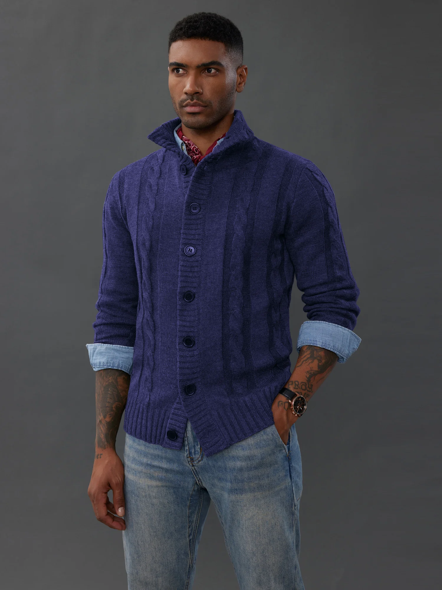 Men's Cardigan with Button Closure, Cable Knit Cardigan with Ribbed Stand-Up Collar for Autumn Winter - Image 19