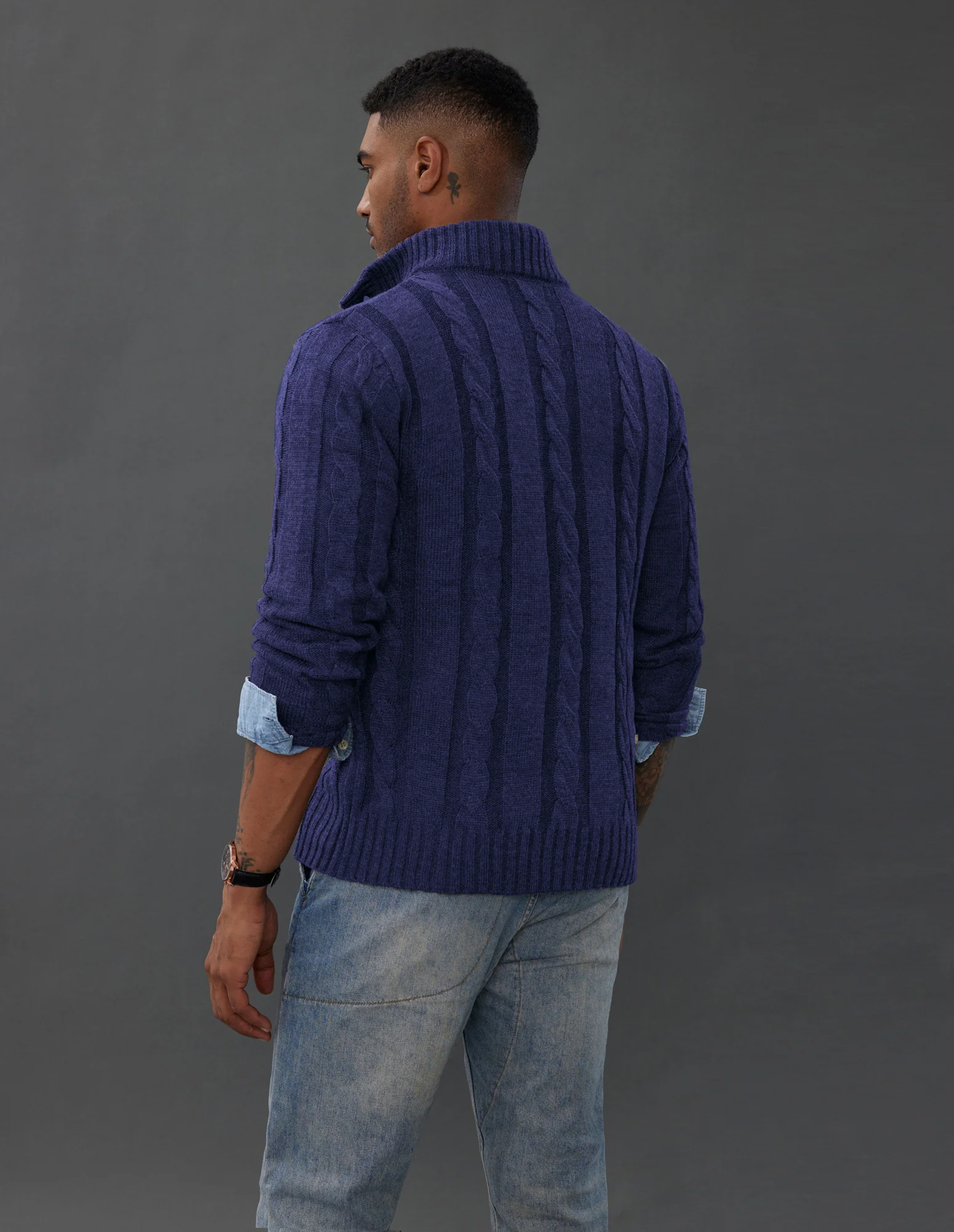 Men's Cardigan with Button Closure, Cable Knit Cardigan with Ribbed Stand-Up Collar for Autumn Winter - Image 20