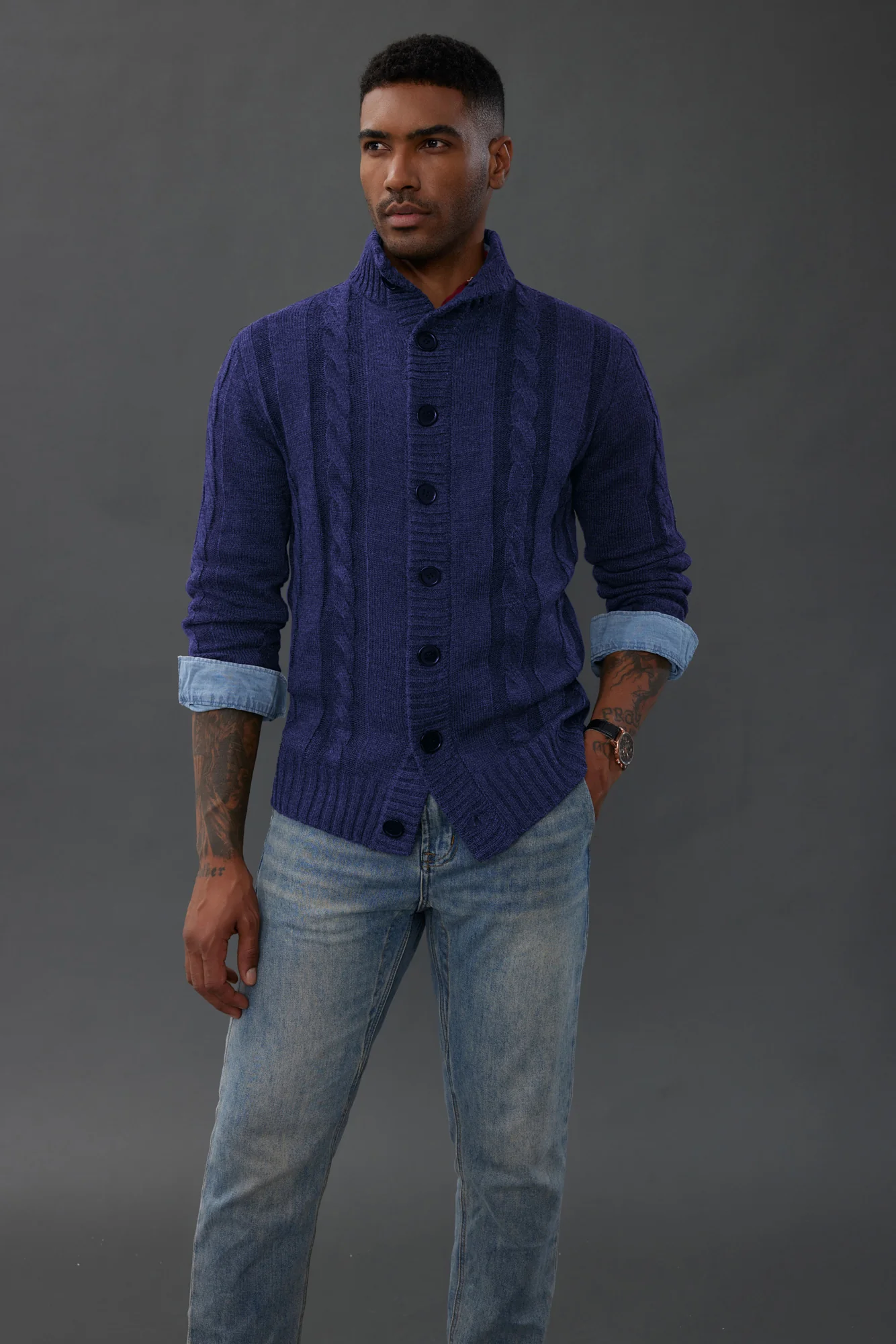 Men's Cardigan with Button Closure, Cable Knit Cardigan with Ribbed Stand-Up Collar for Autumn Winter - Image 21