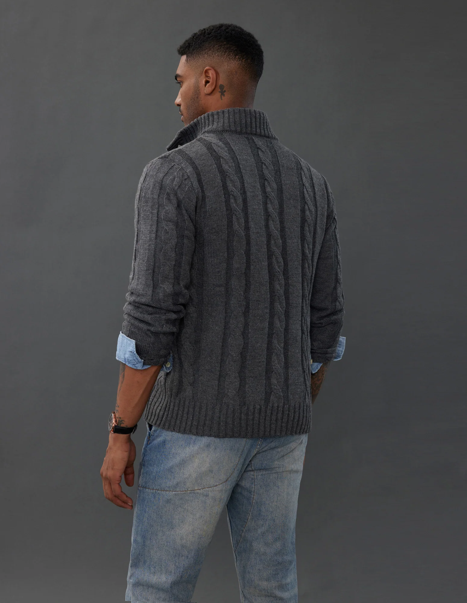 Men's Cardigan with Button Closure, Cable Knit Cardigan with Ribbed Stand-Up Collar for Autumn Winter - Image 22
