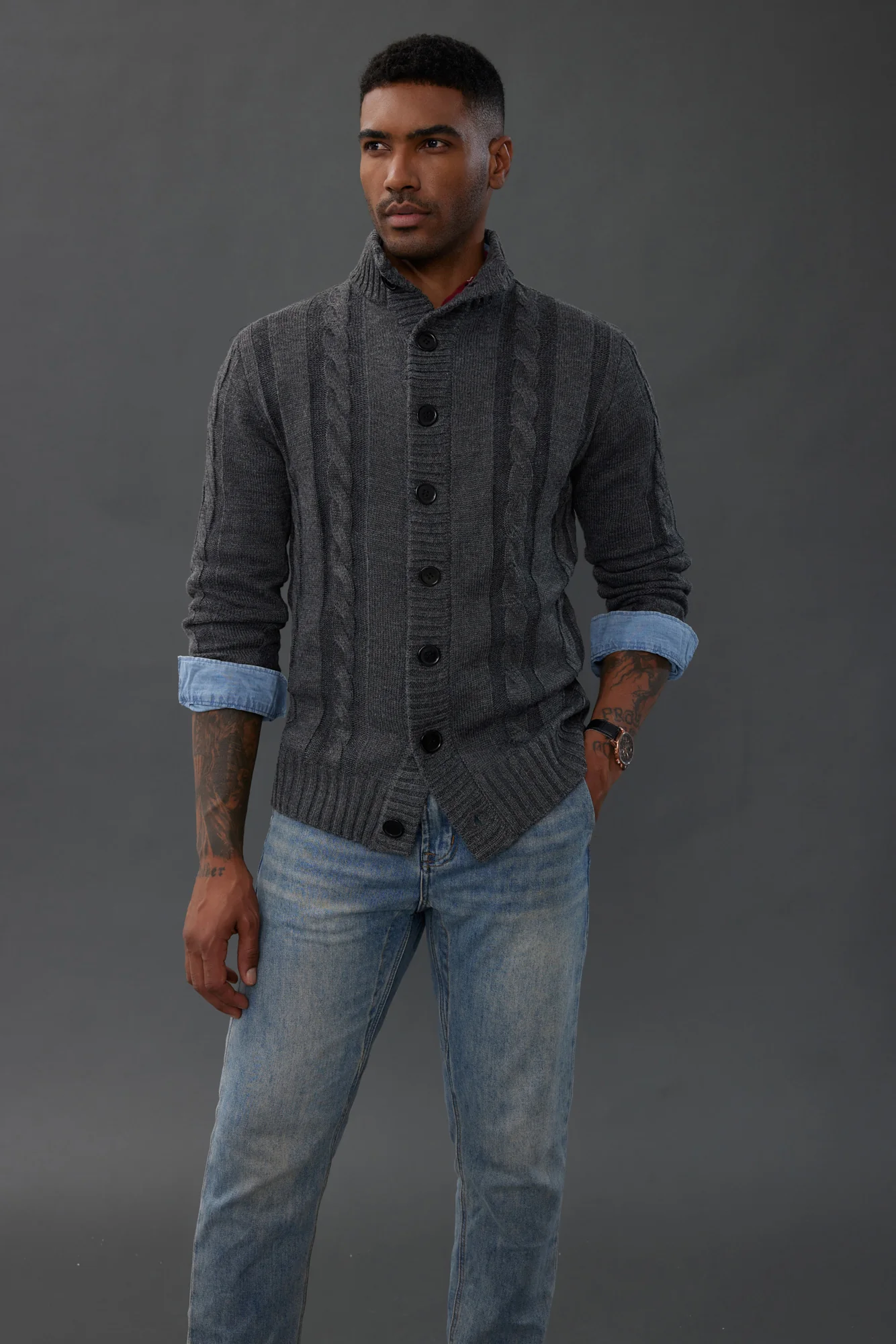 Men's Cardigan with Button Closure, Cable Knit Cardigan with Ribbed Stand-Up Collar for Autumn Winter - Image 25