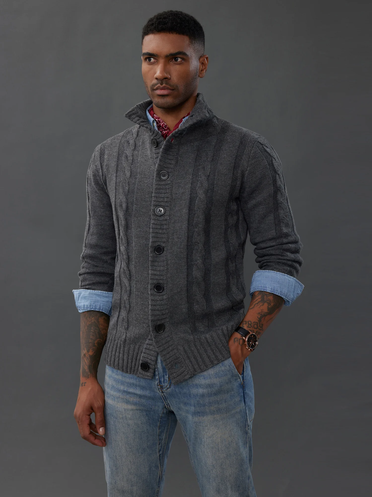 Men's Cardigan with Button Closure, Cable Knit Cardigan with Ribbed Stand-Up Collar for Autumn Winter - Image 26
