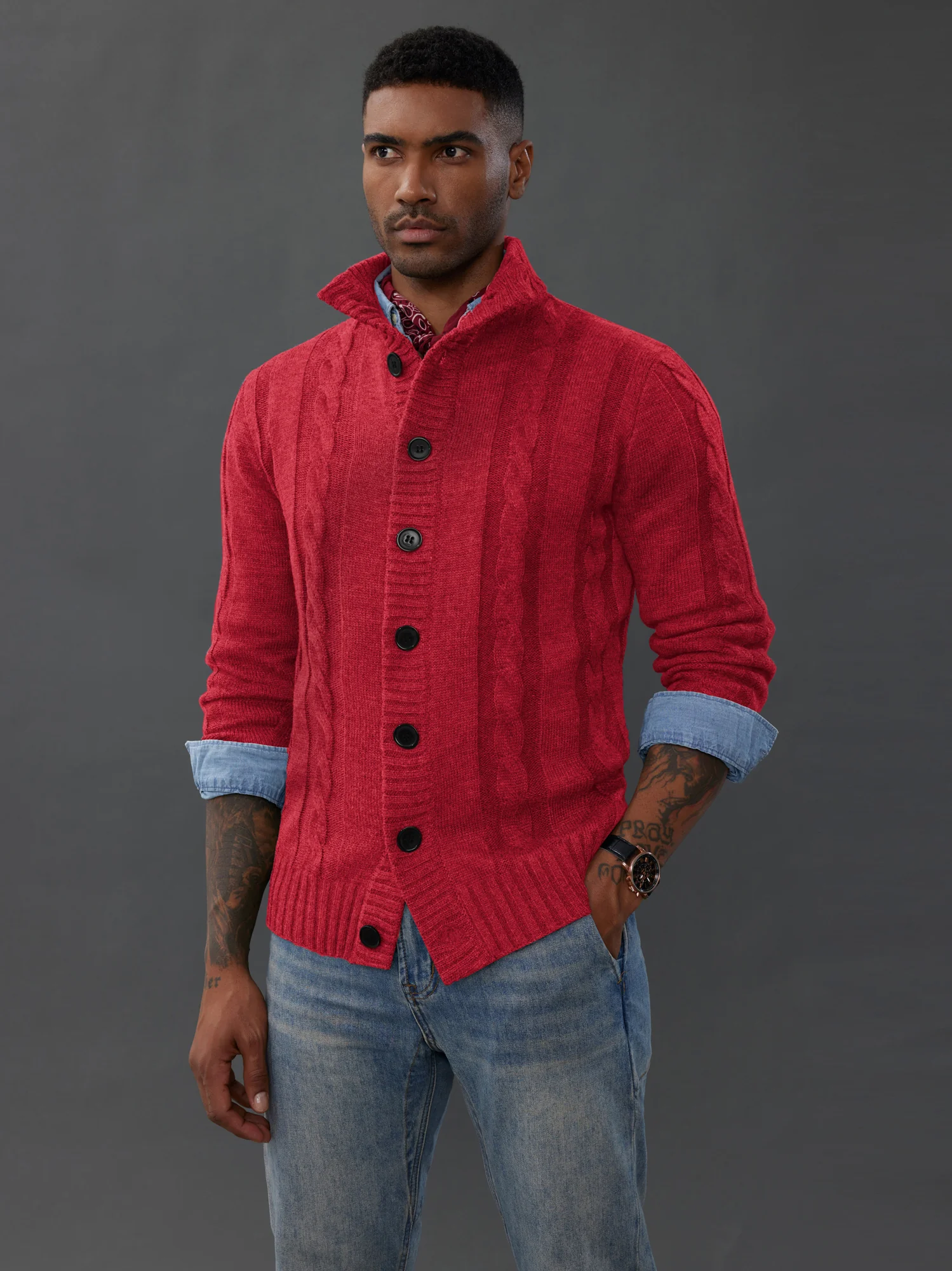 Men's Cardigan with Button Closure, Cable Knit Cardigan with Ribbed Stand-Up Collar for Autumn Winter - Image 29