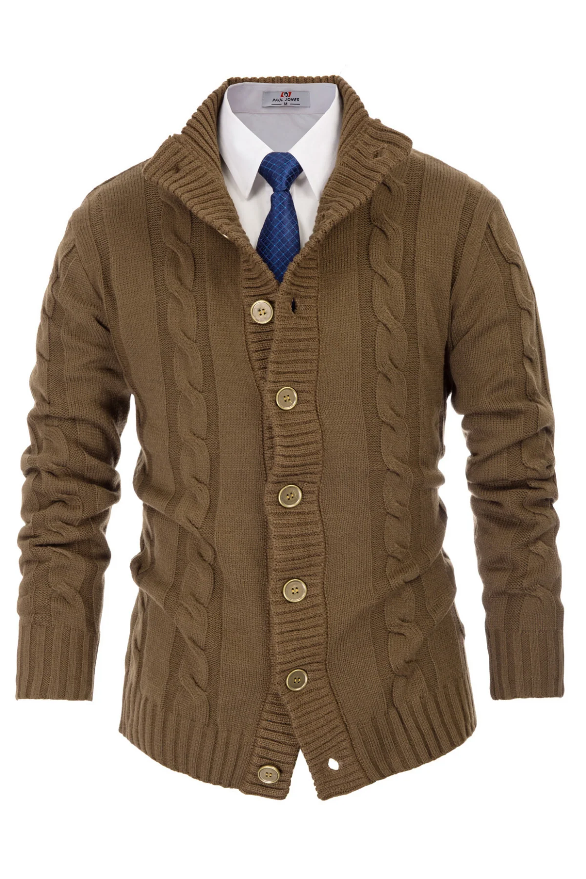 Men's Cardigan with Button Closure, Cable Knit Cardigan with Ribbed Stand-Up Collar for Autumn Winter - Image 3