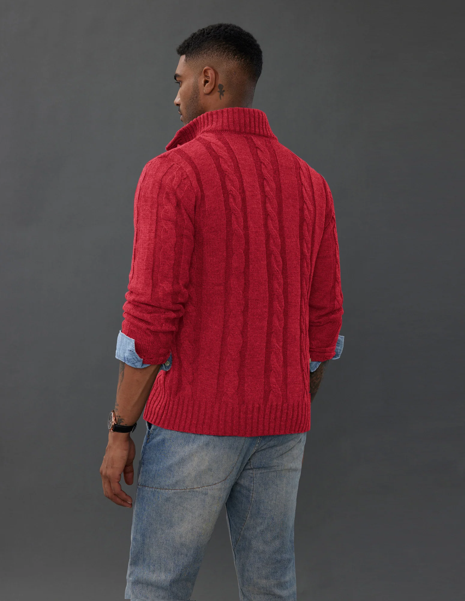 Men's Cardigan with Button Closure, Cable Knit Cardigan with Ribbed Stand-Up Collar for Autumn Winter - Image 30
