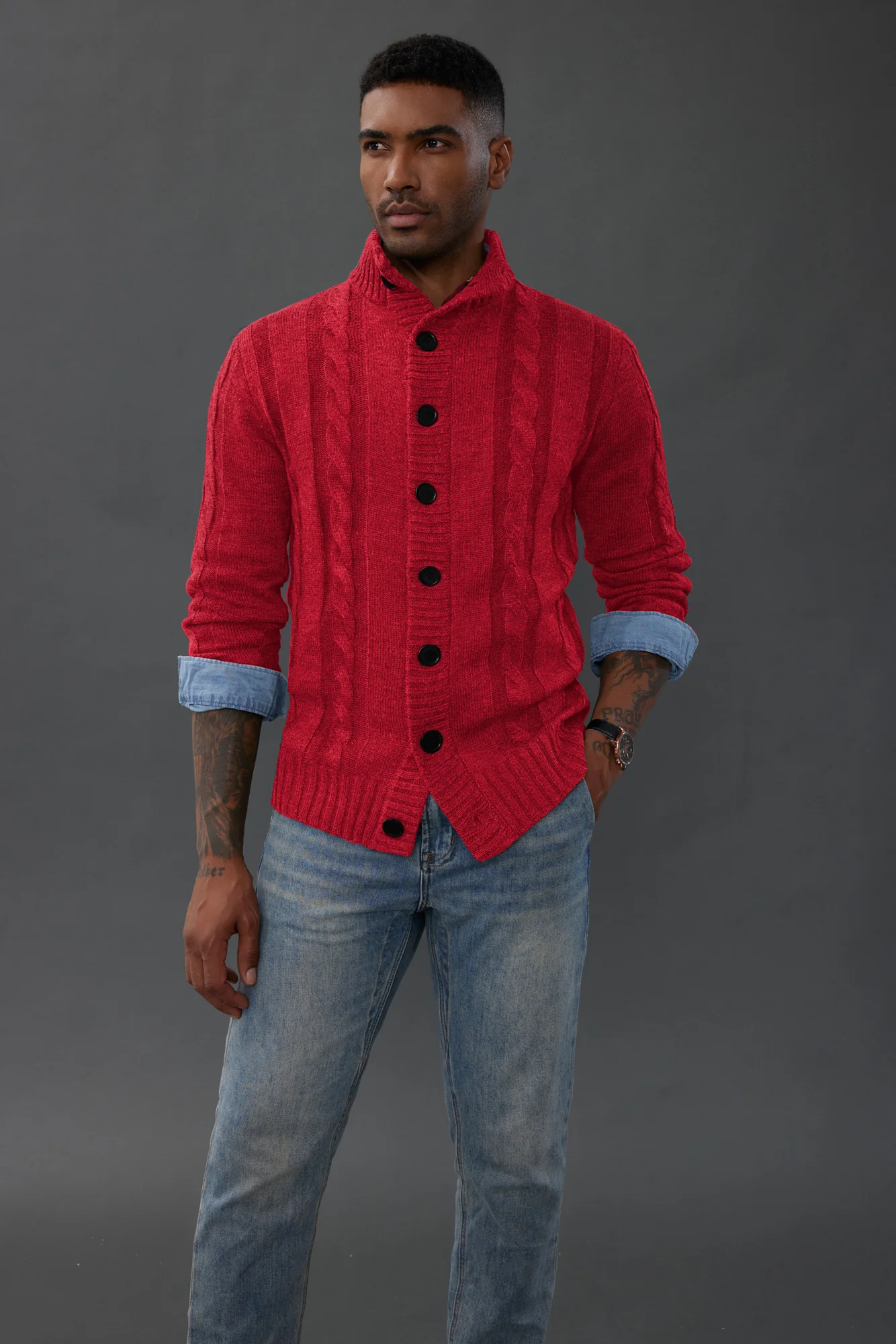 Men's Cardigan with Button Closure, Cable Knit Cardigan with Ribbed Stand-Up Collar for Autumn Winter - Image 31