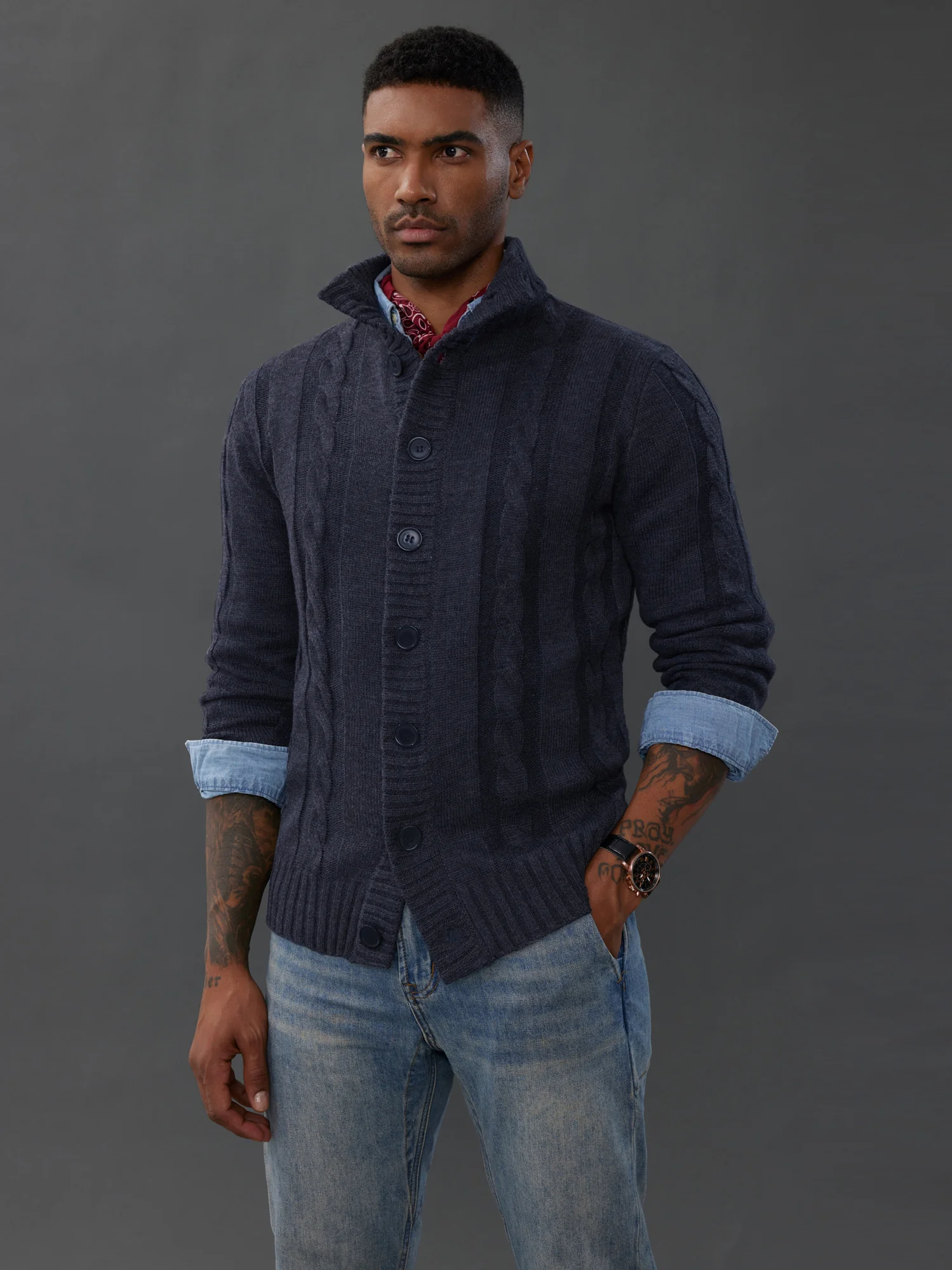 Men's Cardigan with Button Closure, Cable Knit Cardigan with Ribbed Stand-Up Collar for Autumn Winter - Image 34