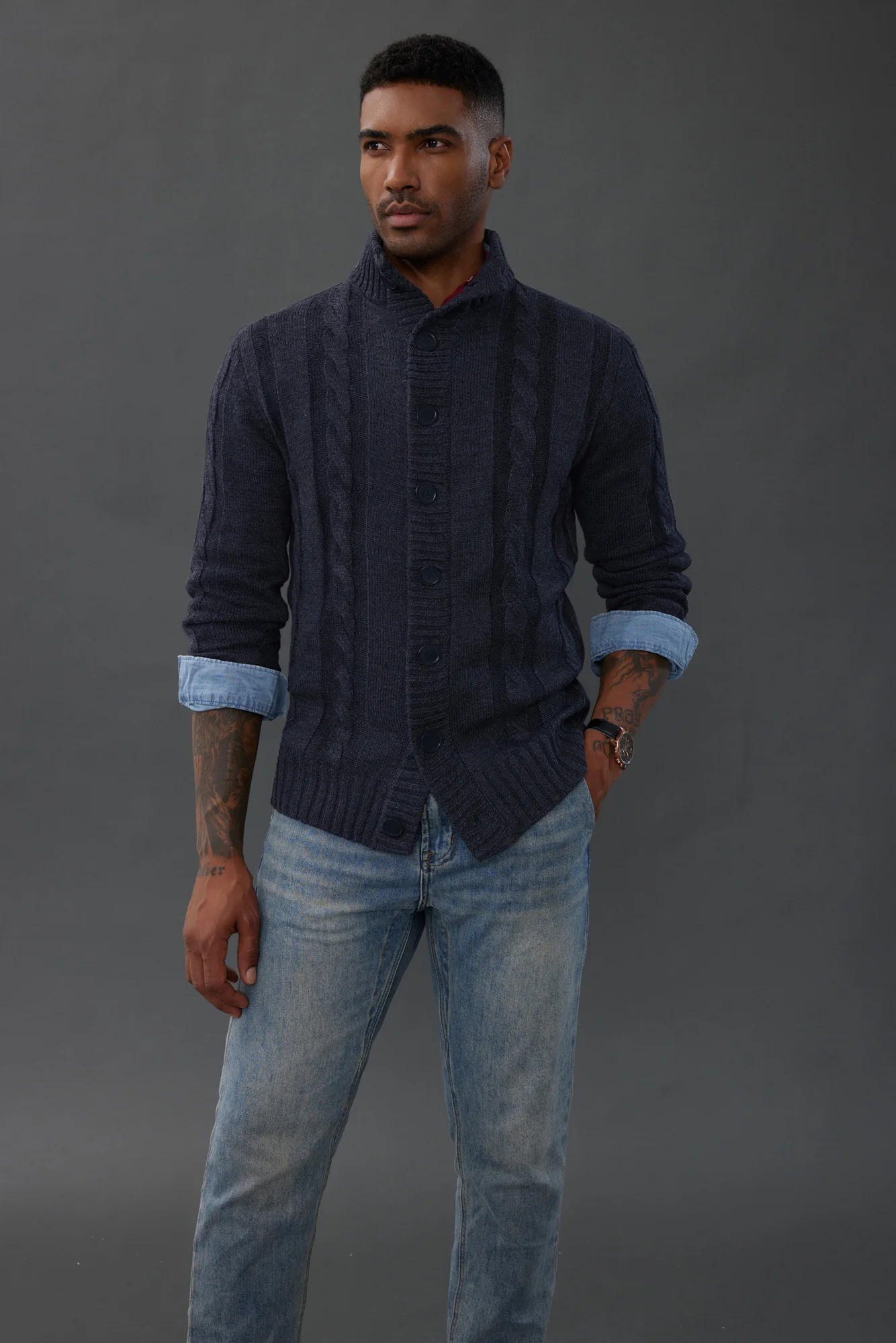 Men's Cardigan with Button Closure, Cable Knit Cardigan with Ribbed Stand-Up Collar for Autumn Winter - Image 35