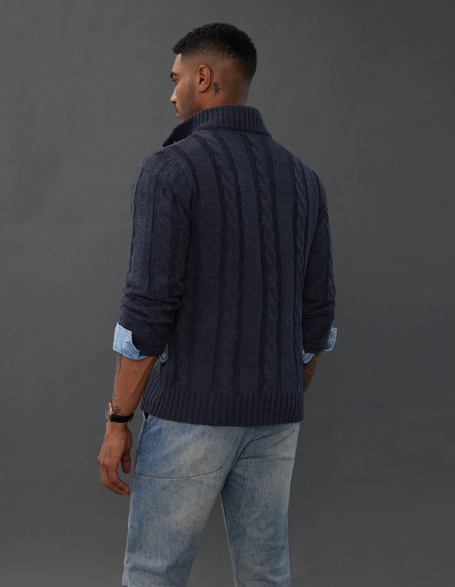 Men's Cardigan with Button Closure, Cable Knit Cardigan with Ribbed Stand-Up Collar for Autumn Winter - Image 36