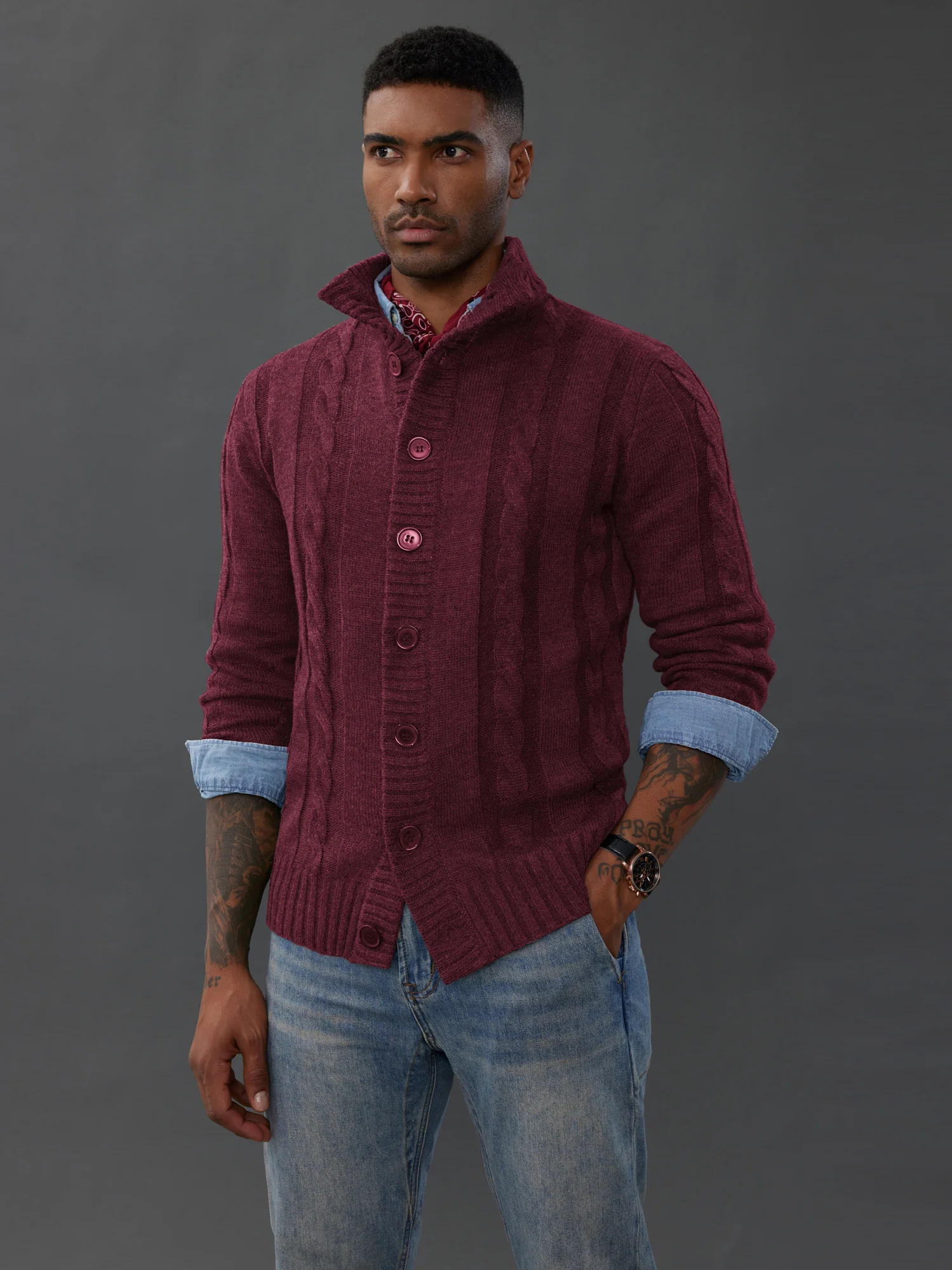 Men's Cardigan with Button Closure, Cable Knit Cardigan with Ribbed Stand-Up Collar for Autumn Winter - Image 39