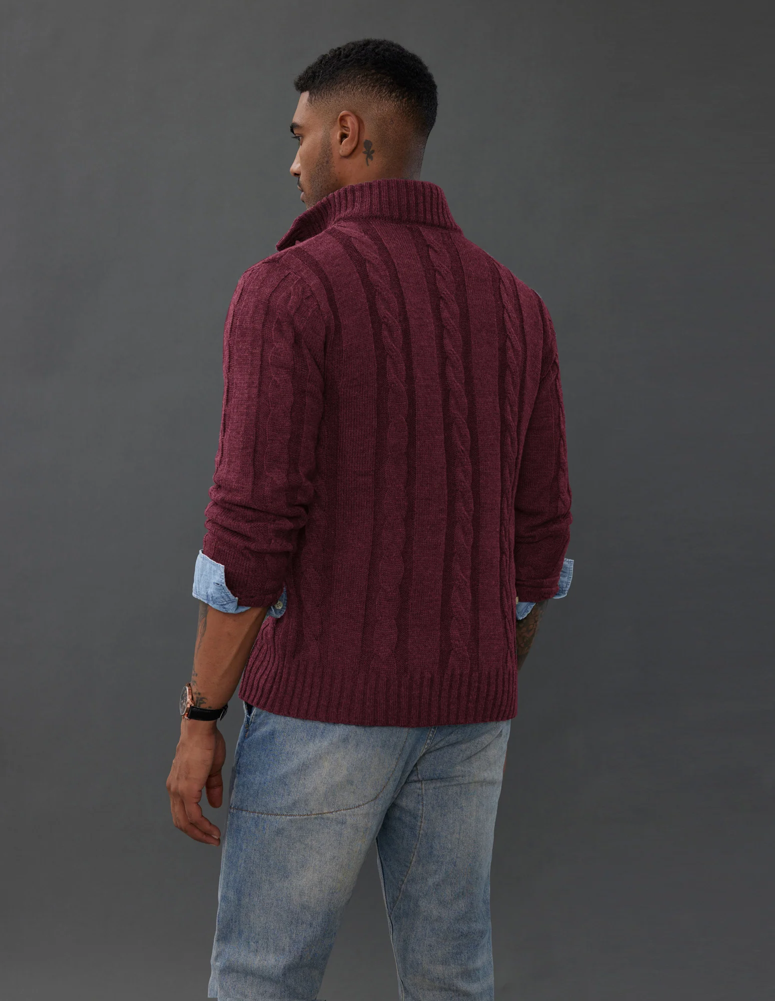Men's Cardigan with Button Closure, Cable Knit Cardigan with Ribbed Stand-Up Collar for Autumn Winter - Image 40