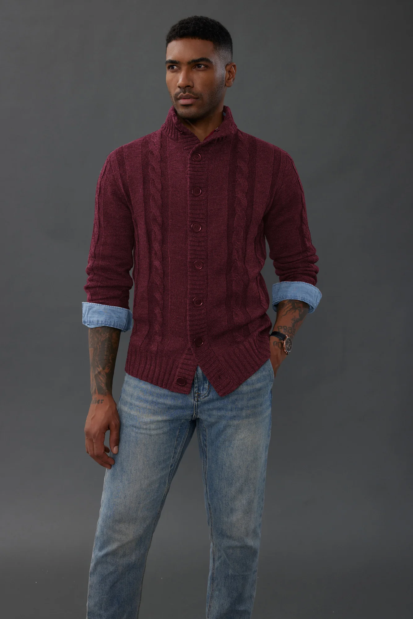 Men's Cardigan with Button Closure, Cable Knit Cardigan with Ribbed Stand-Up Collar for Autumn Winter - Image 41