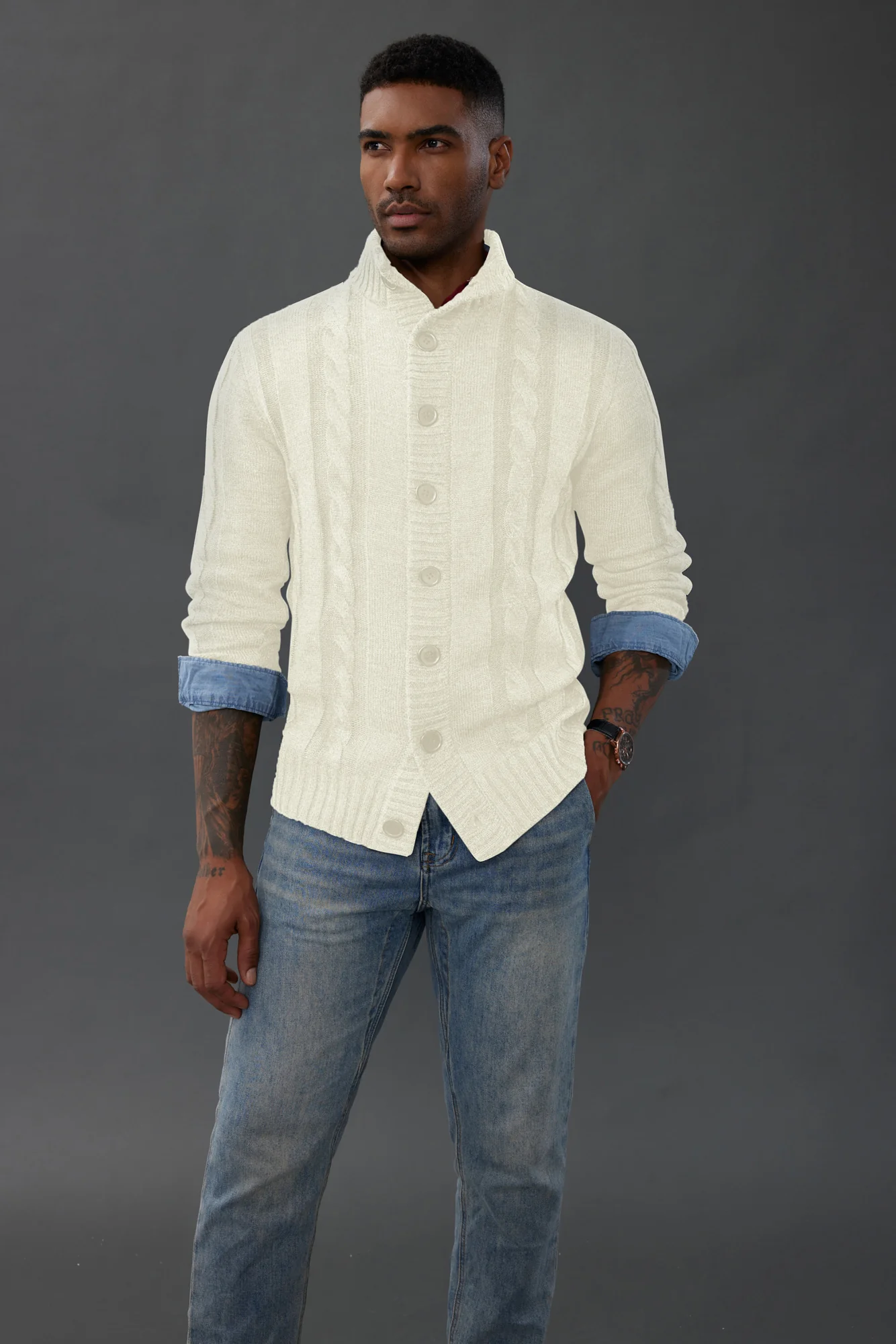 Men's Cardigan with Button Closure, Cable Knit Cardigan with Ribbed Stand-Up Collar for Autumn Winter - Image 44