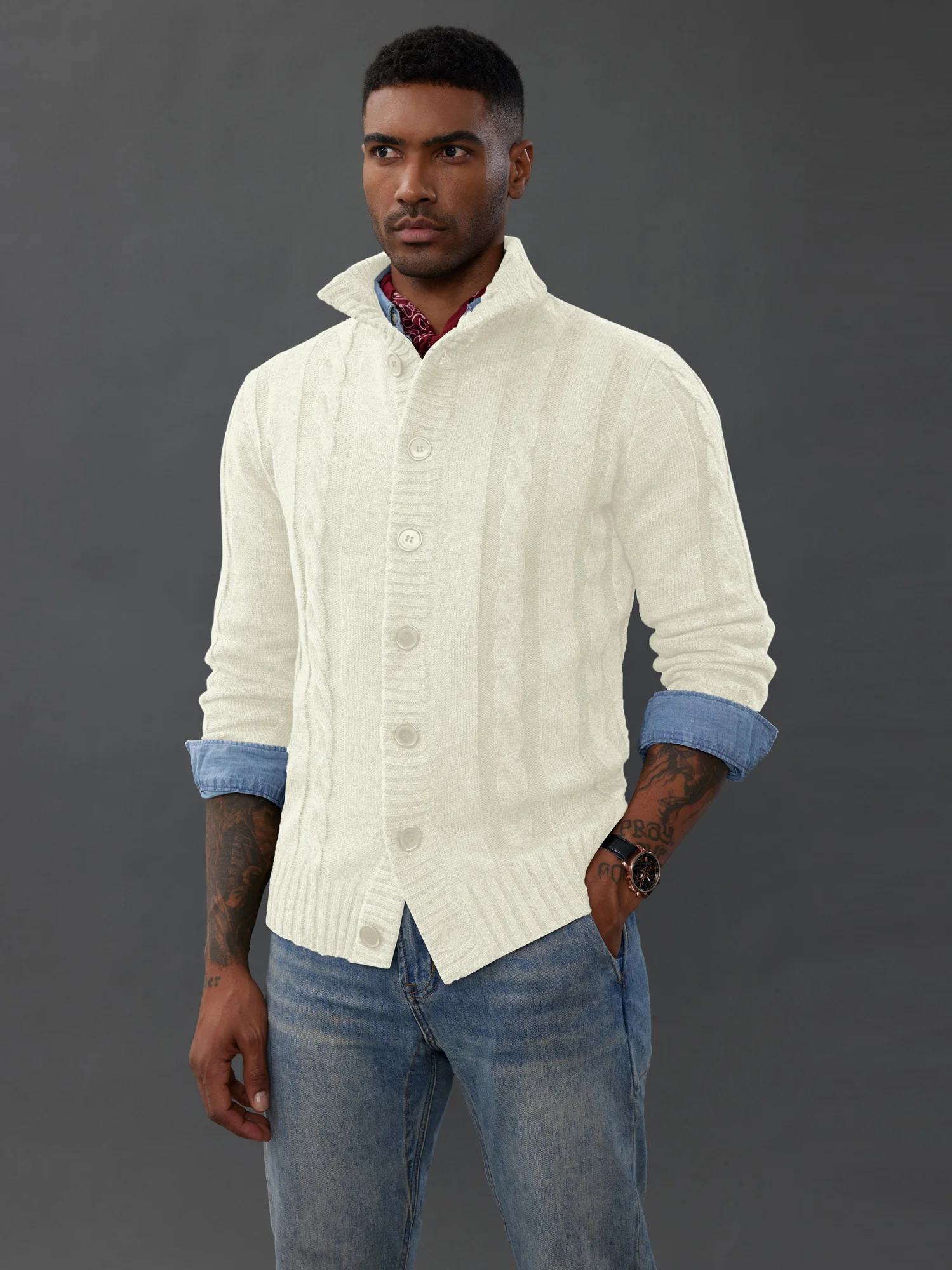 Men's Cardigan with Button Closure, Cable Knit Cardigan with Ribbed Stand-Up Collar for Autumn Winter - Image 45