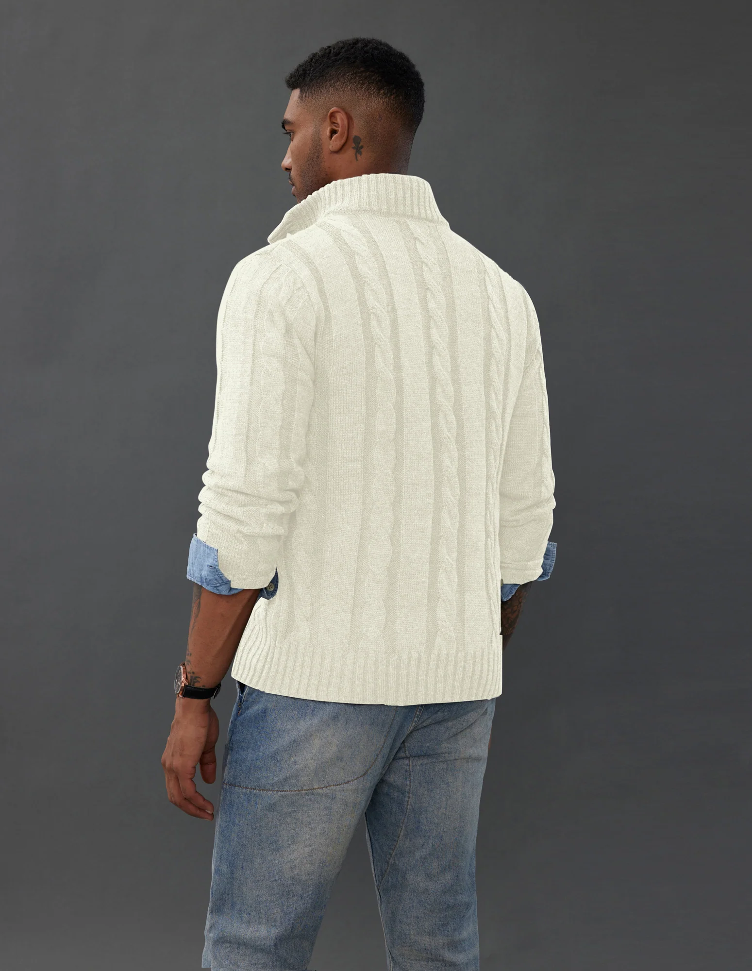 Men's Cardigan with Button Closure, Cable Knit Cardigan with Ribbed Stand-Up Collar for Autumn Winter - Image 46