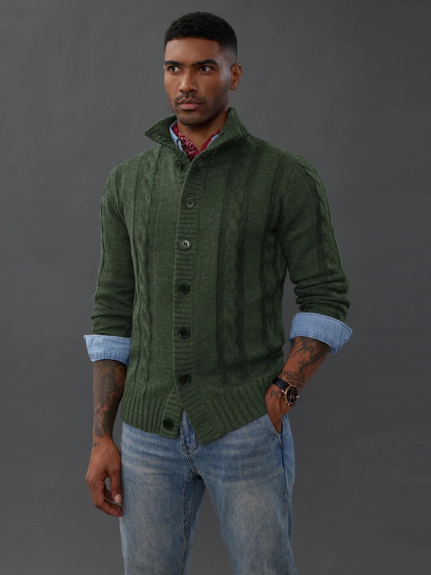 Men's Cardigan with Button Closure, Cable Knit Cardigan with Ribbed Stand-Up Collar for Autumn Winter - Image 49