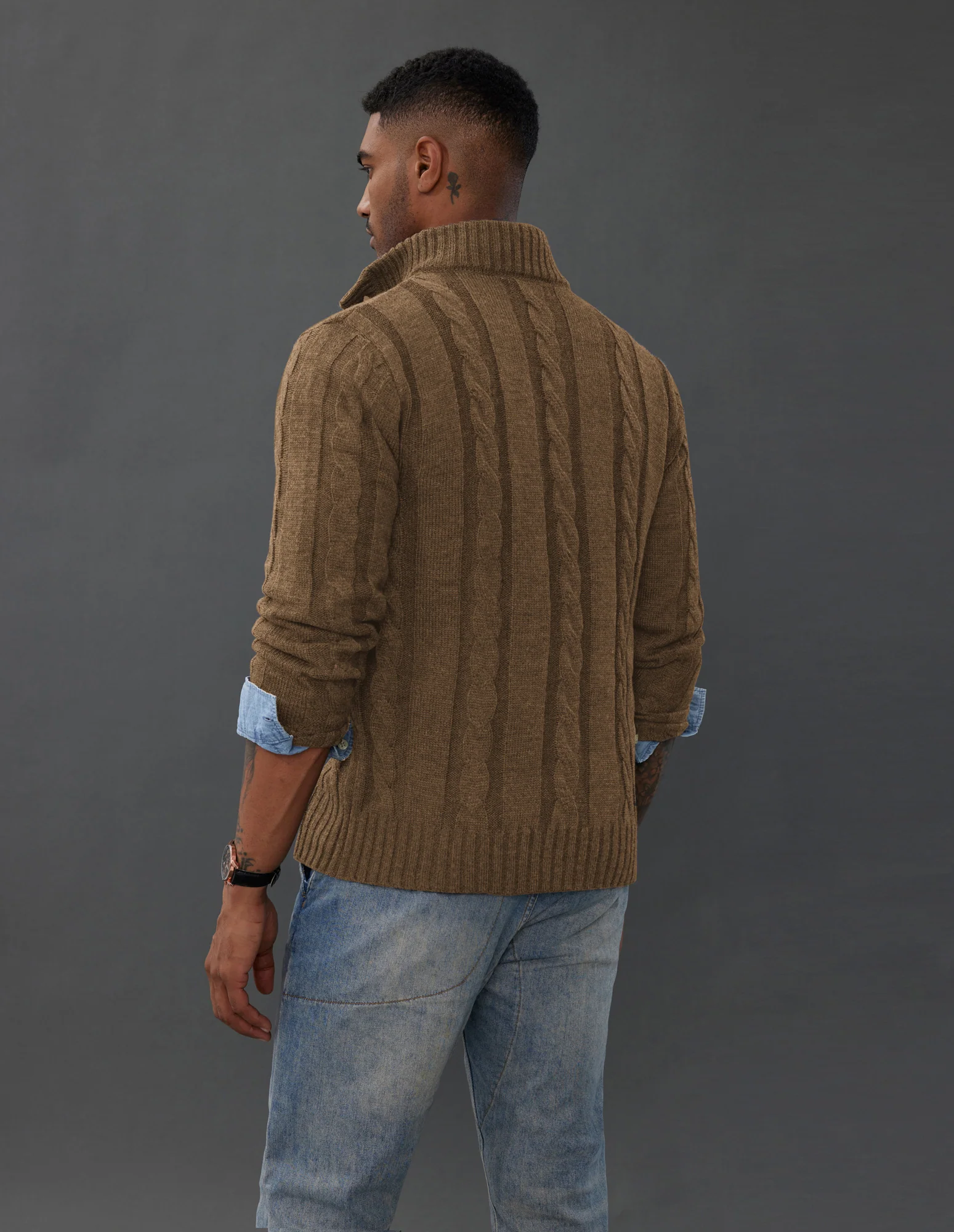 Men's Cardigan with Button Closure, Cable Knit Cardigan with Ribbed Stand-Up Collar for Autumn Winter - Image 5