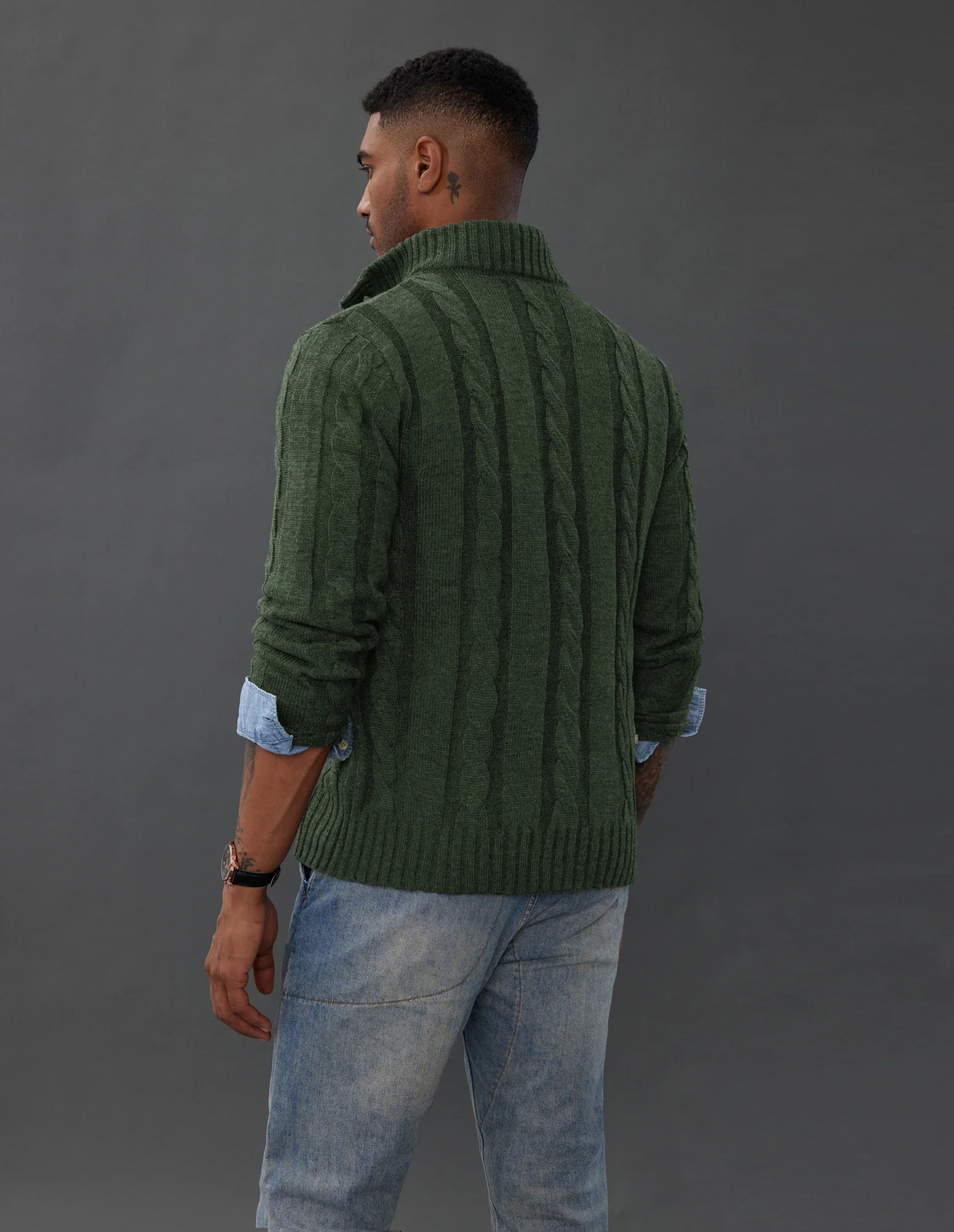 Men's Cardigan with Button Closure, Cable Knit Cardigan with Ribbed Stand-Up Collar for Autumn Winter - Image 50